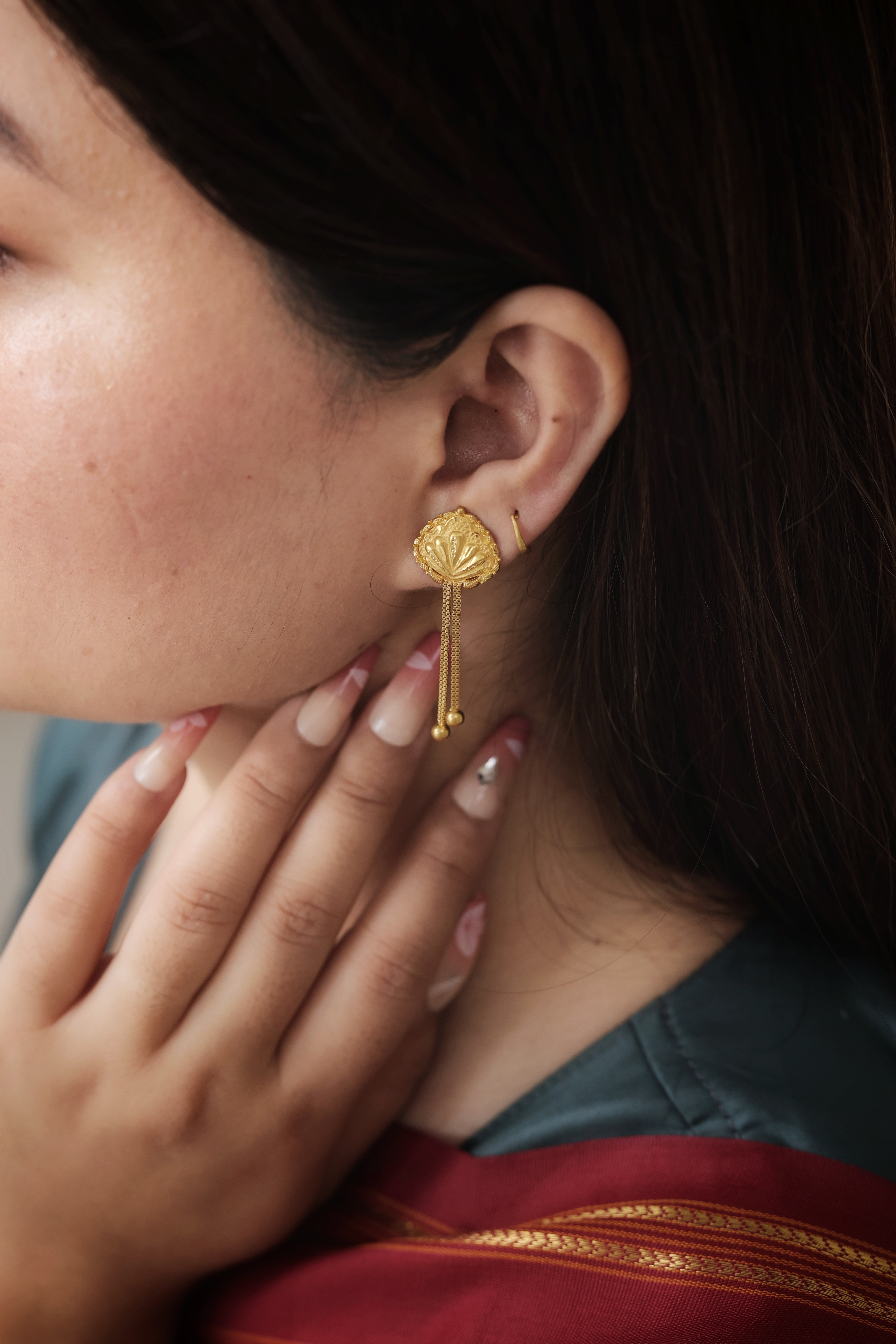 Traditional Dome Gold Stud Earrings with Double Cascading Chains