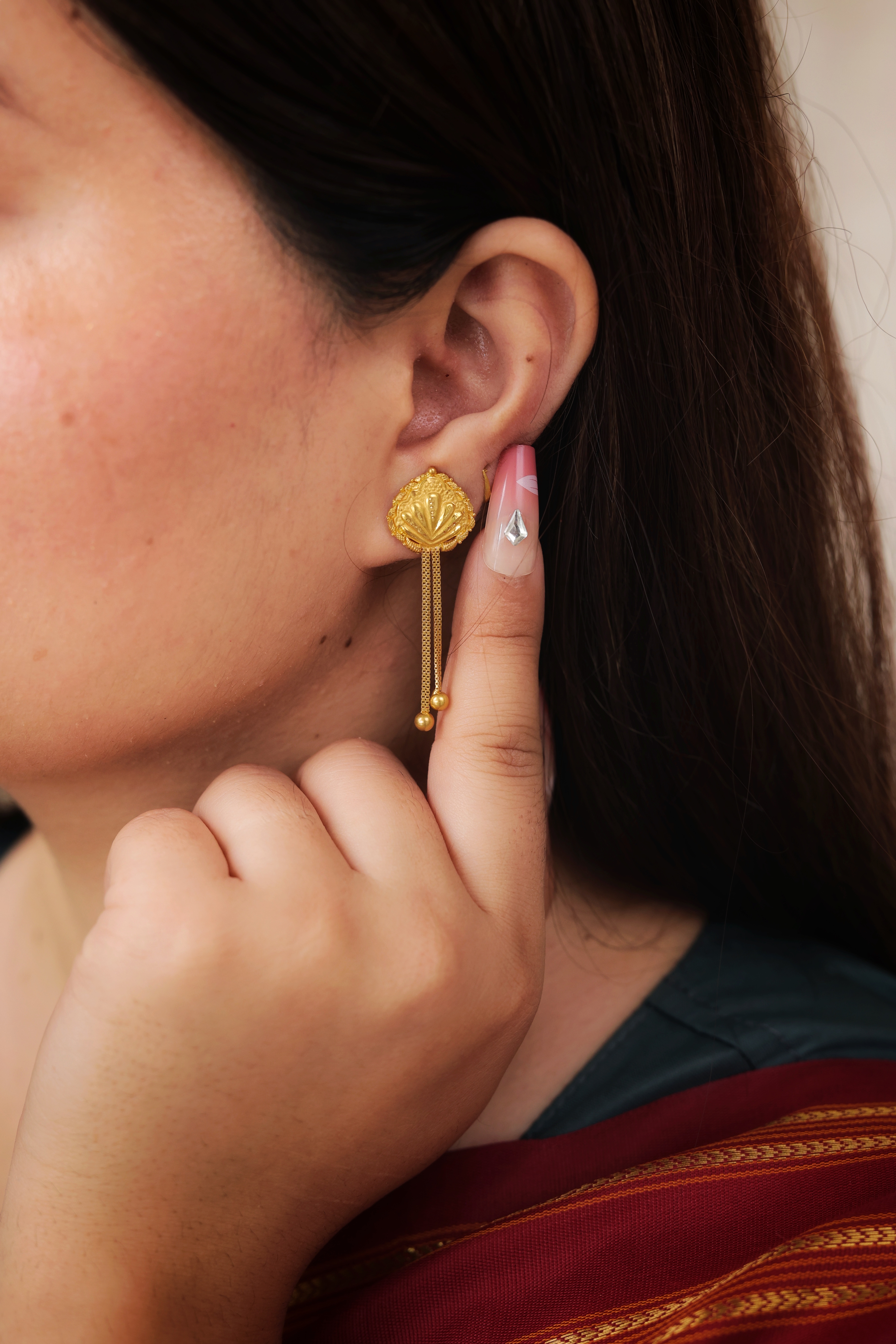 Traditional Dome Gold Stud Earrings with Double Cascading Chains