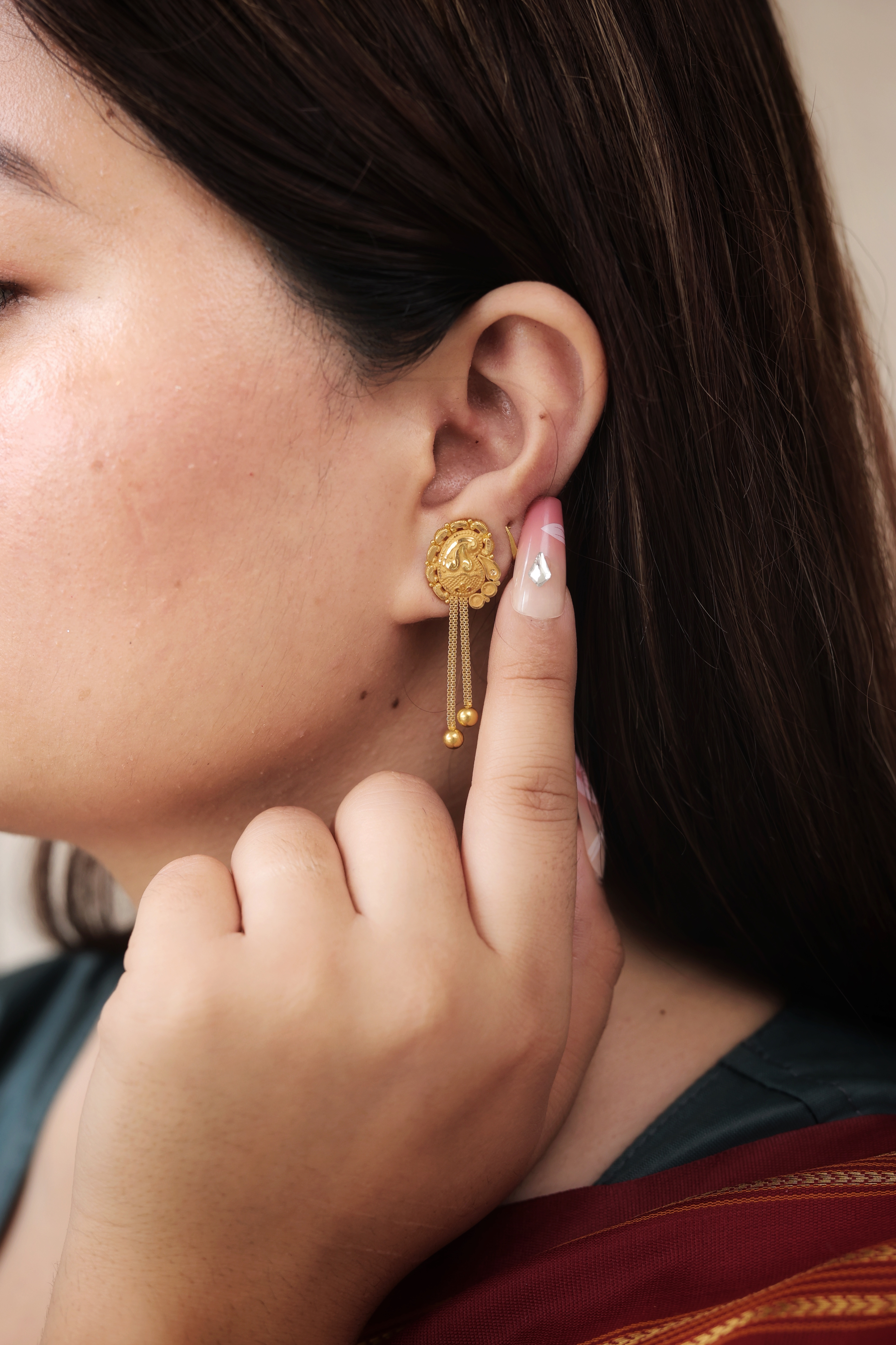 Traditional Flower Gold Stud Earrings with Dangling Chain and Ball