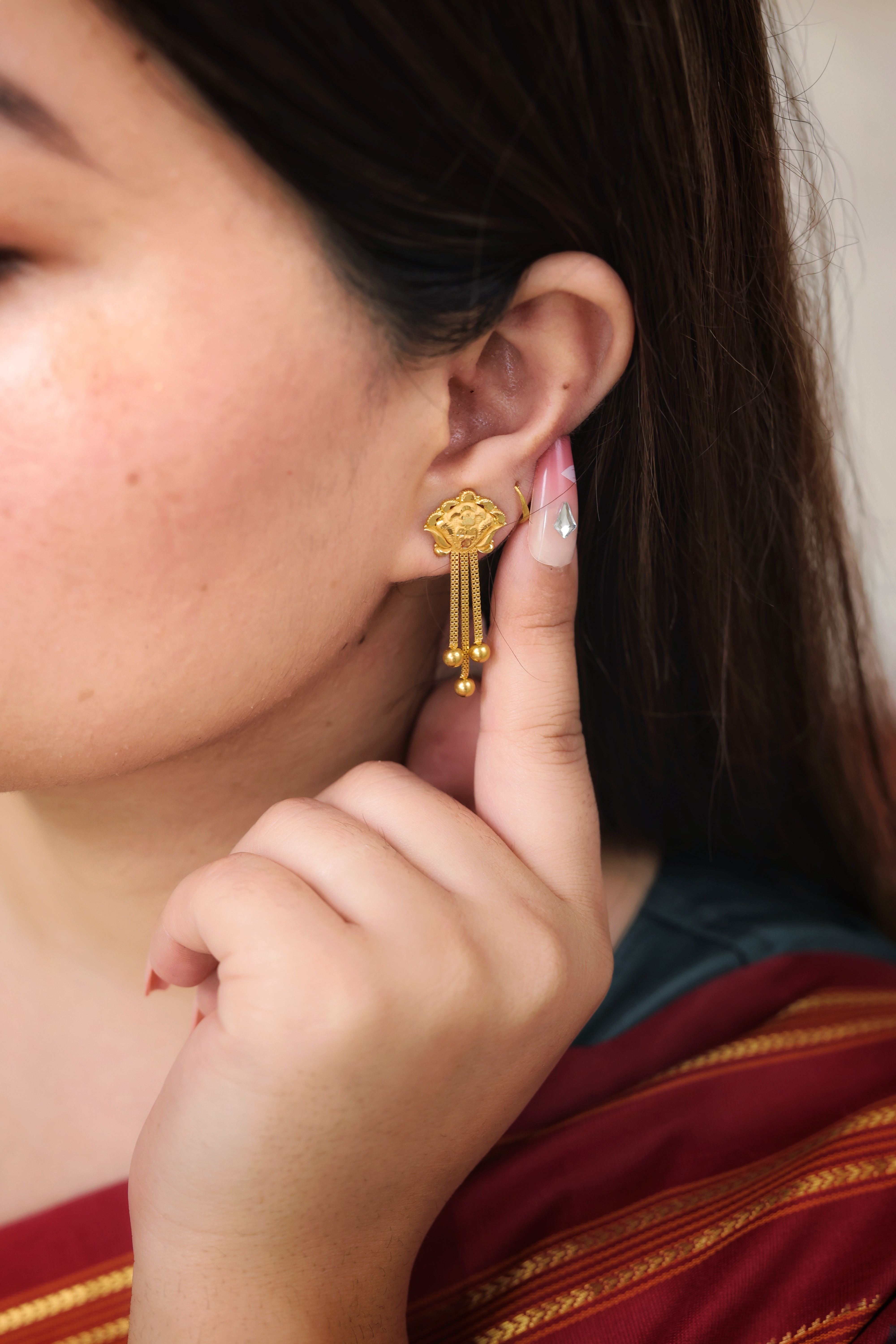 Traditional Floral Gold Stud Earrings with Cascading Chains and Drops