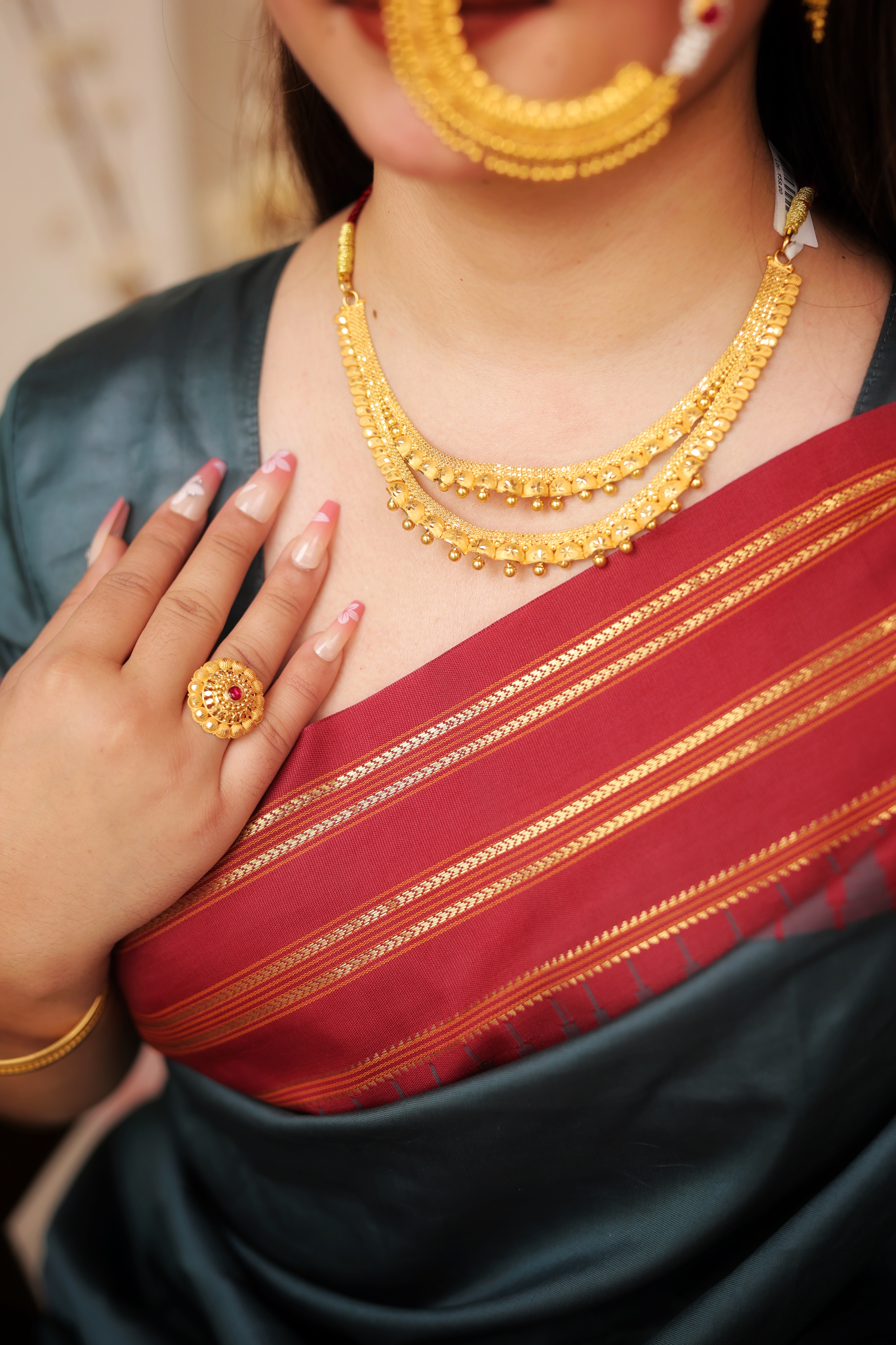 Traditional Two-Layer Gold Necklace Set with Dome Drop Earrings