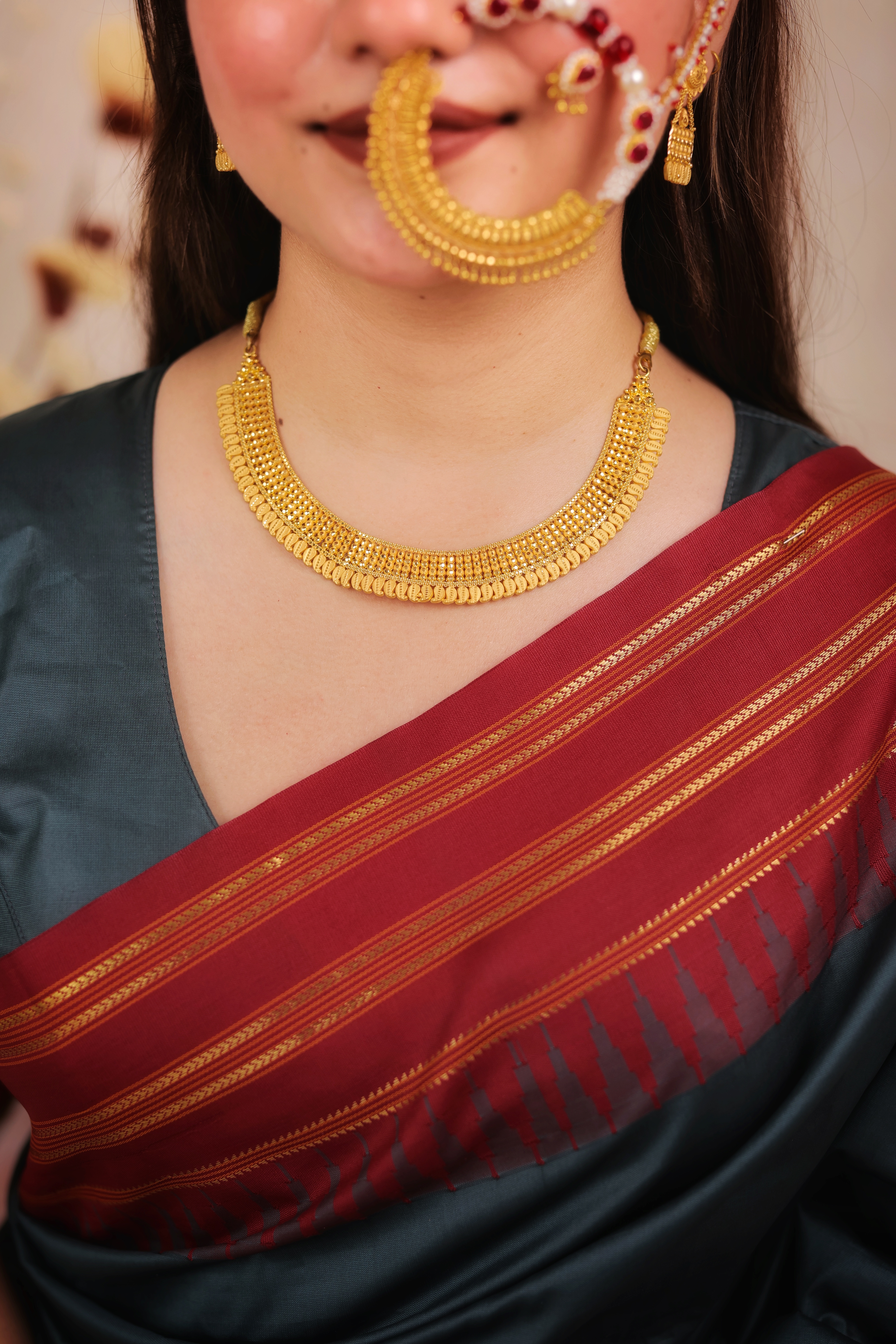Traditional Textured Gold Collar Necklace Set with Basket-Style Drop Earrings