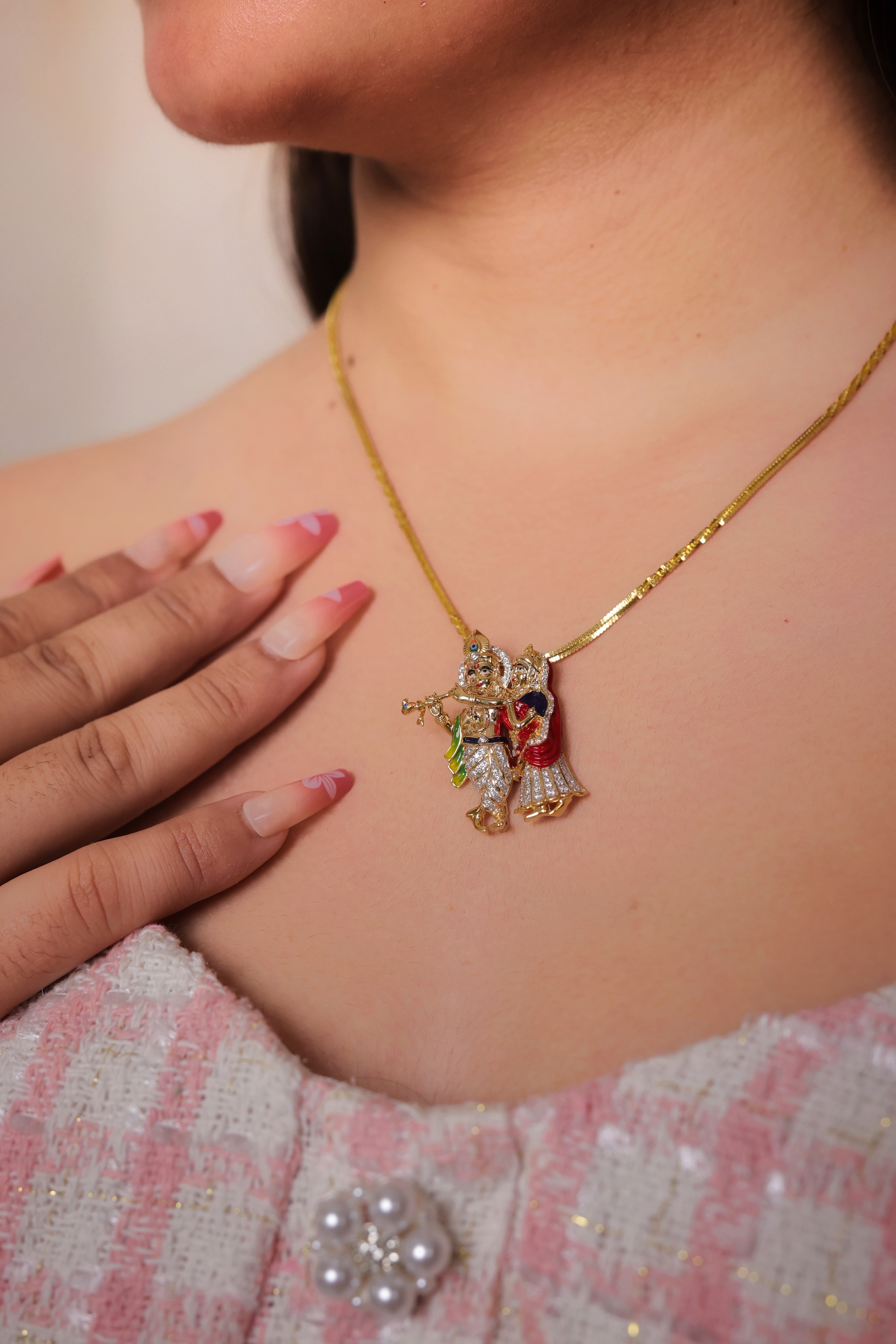 Sparkling Gold Diamond-Accent Radha Krishna Devotional Pendant