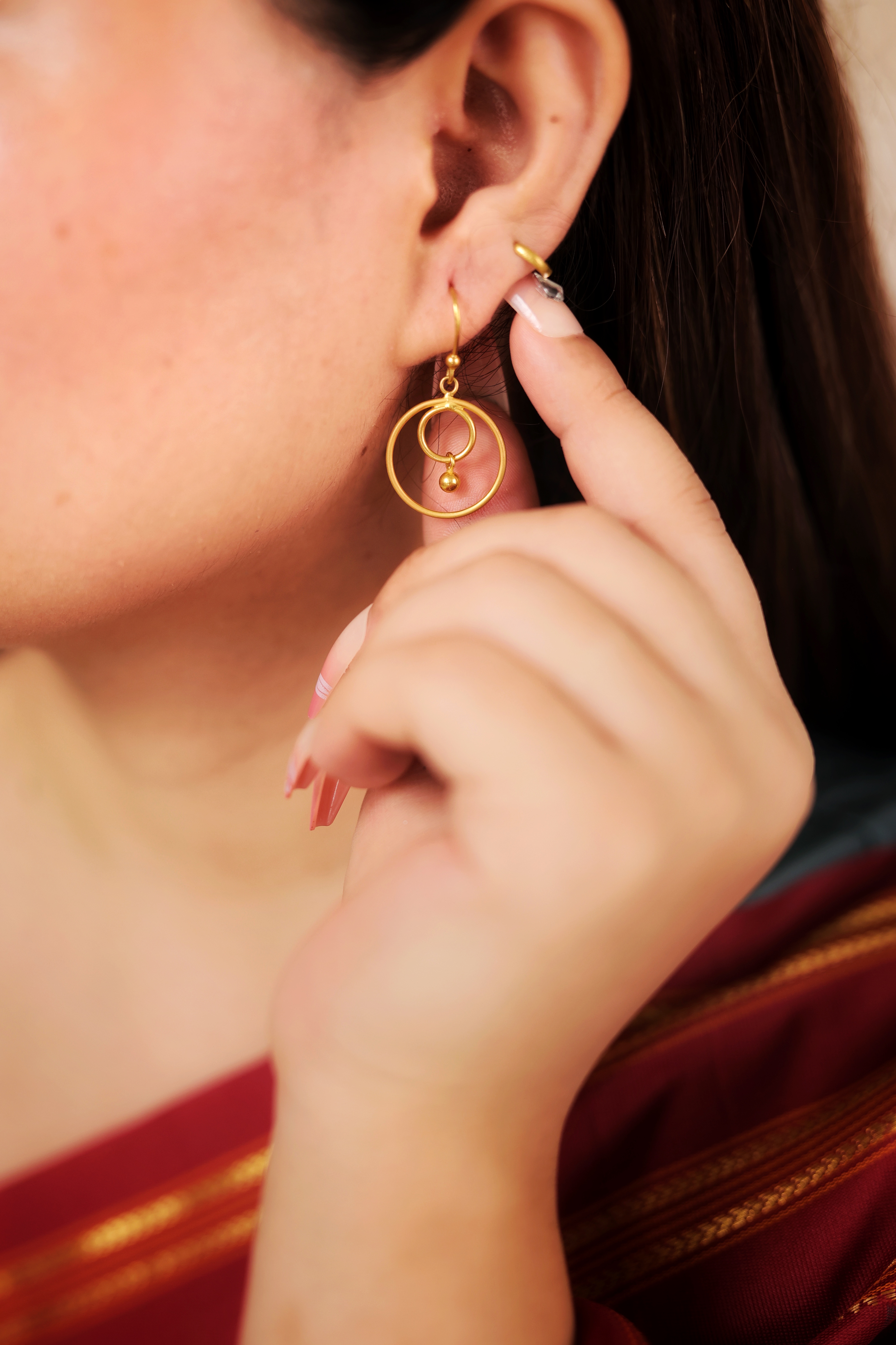 Simple Geometric Gold Drop Earrings with Interlocking Hoops