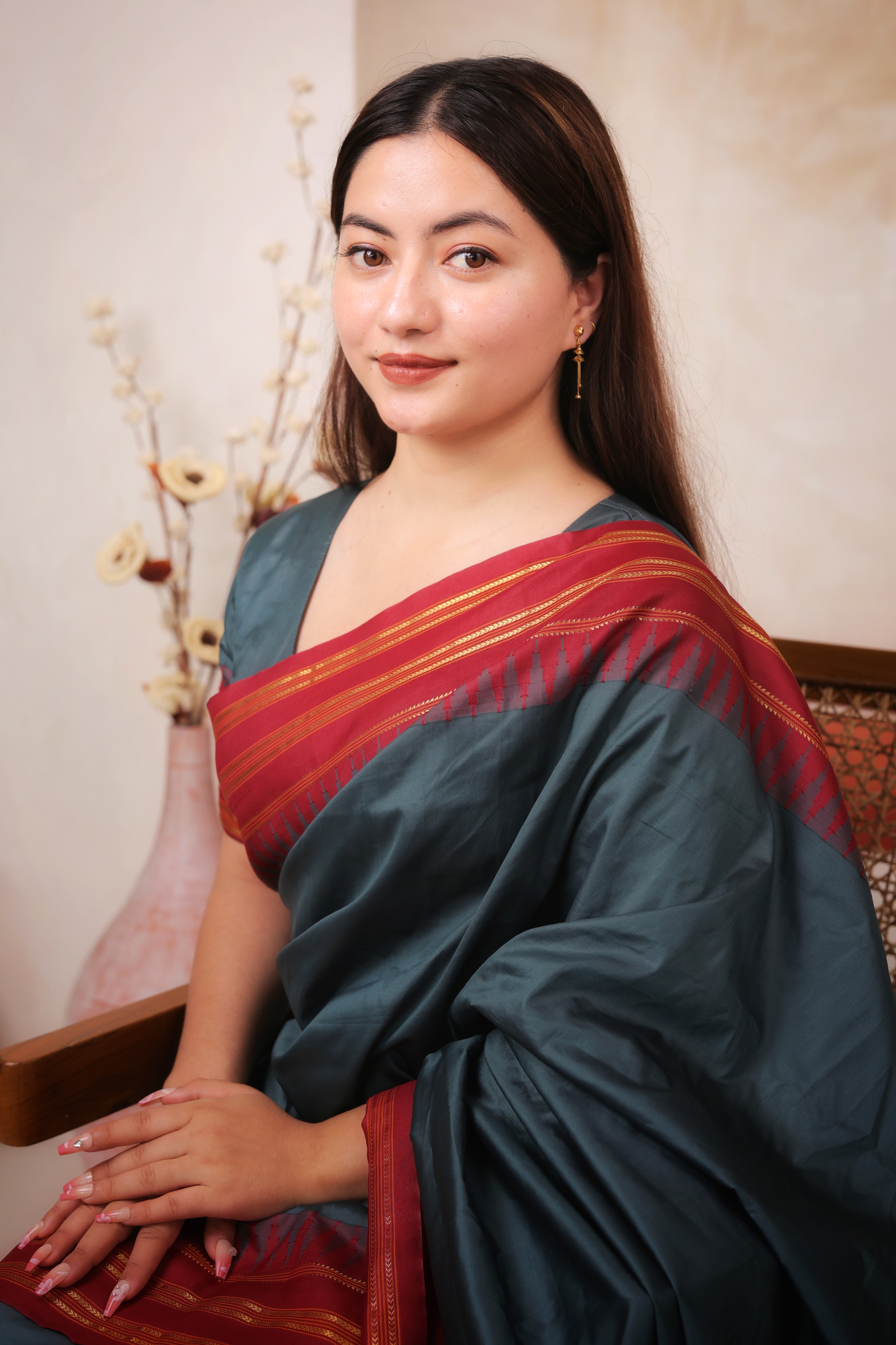 Delicate Gold Stud Earrings with Long Chain and Double Bell Drops