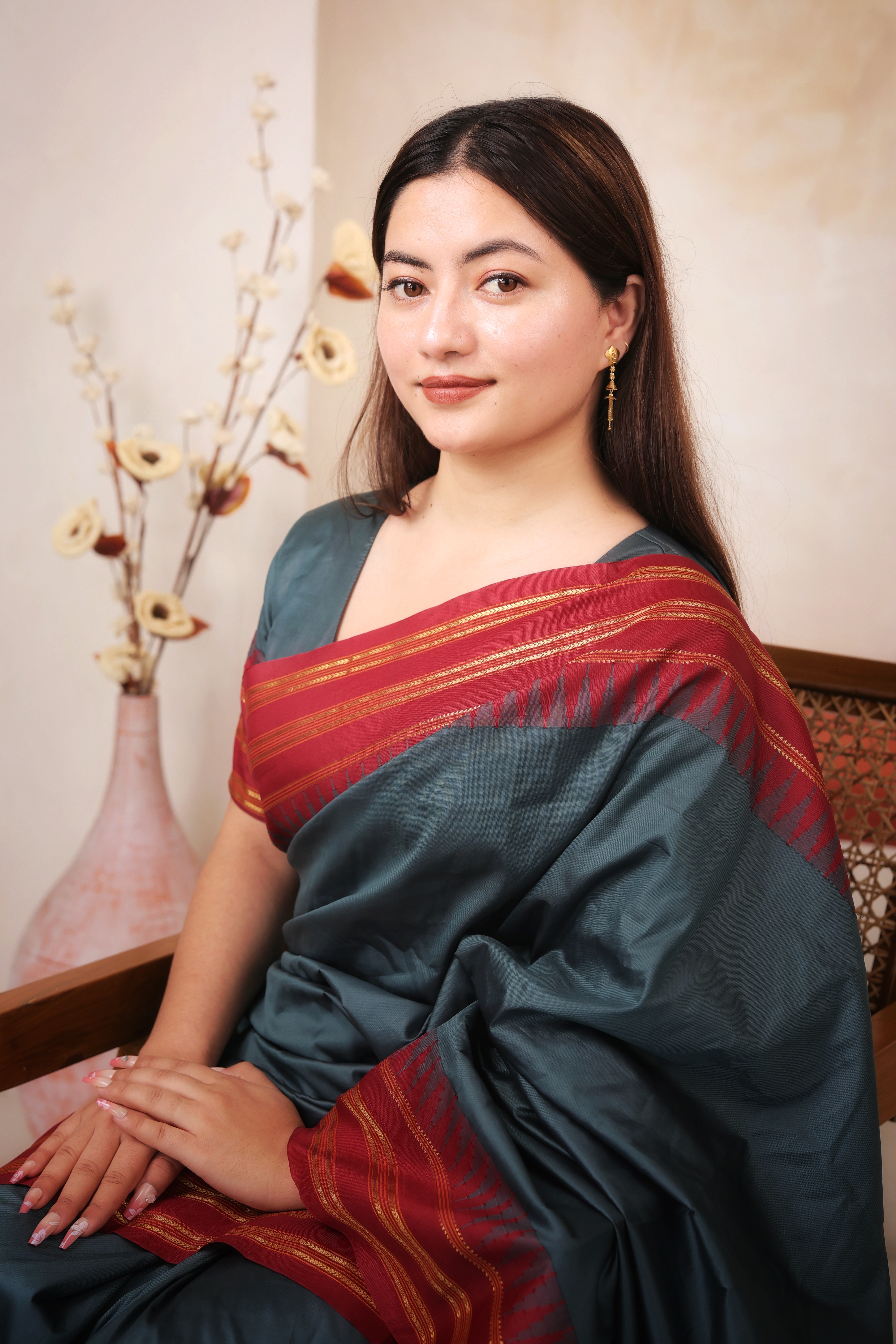 Ornate Floral Stud Earrings with Articulated Chain Drops