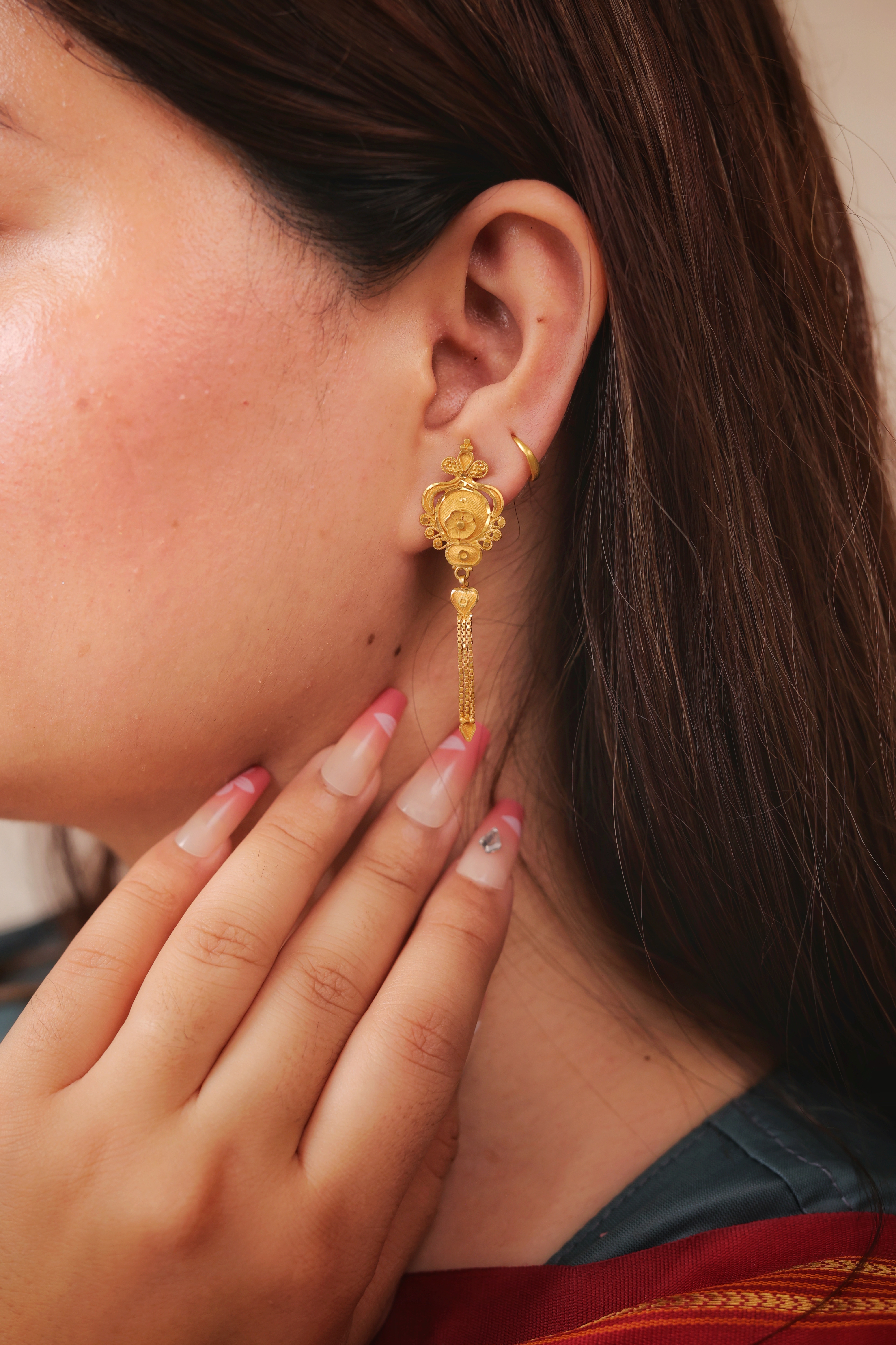 Ornate Floral Stud Earrings with Double Chain Jhallar Drops