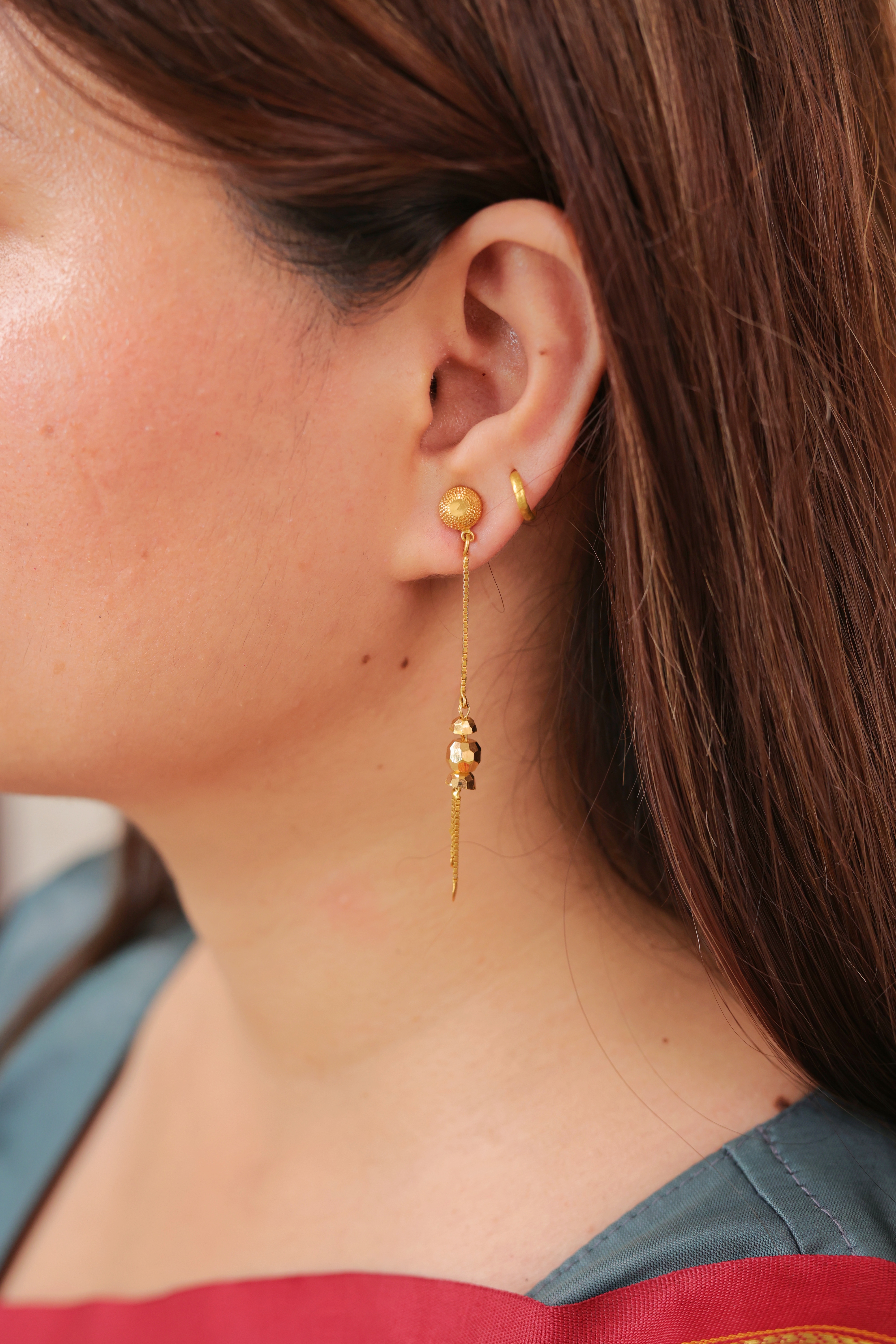 Elegant Long Gold Chain Drop Earrings with Textured Drops