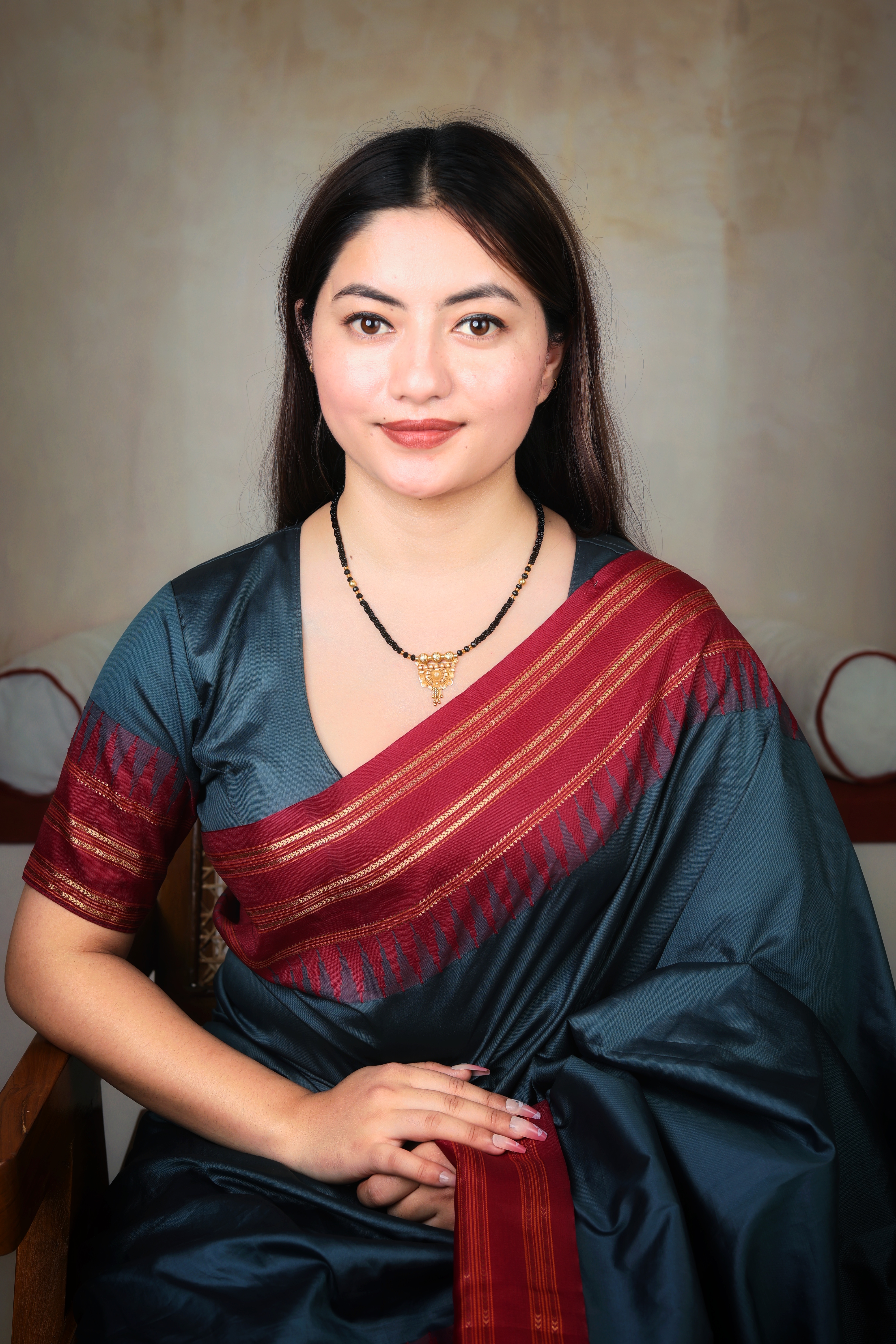 Ornate Floral-Inspired Gold Pendant Mangal Sutra with Black Beads