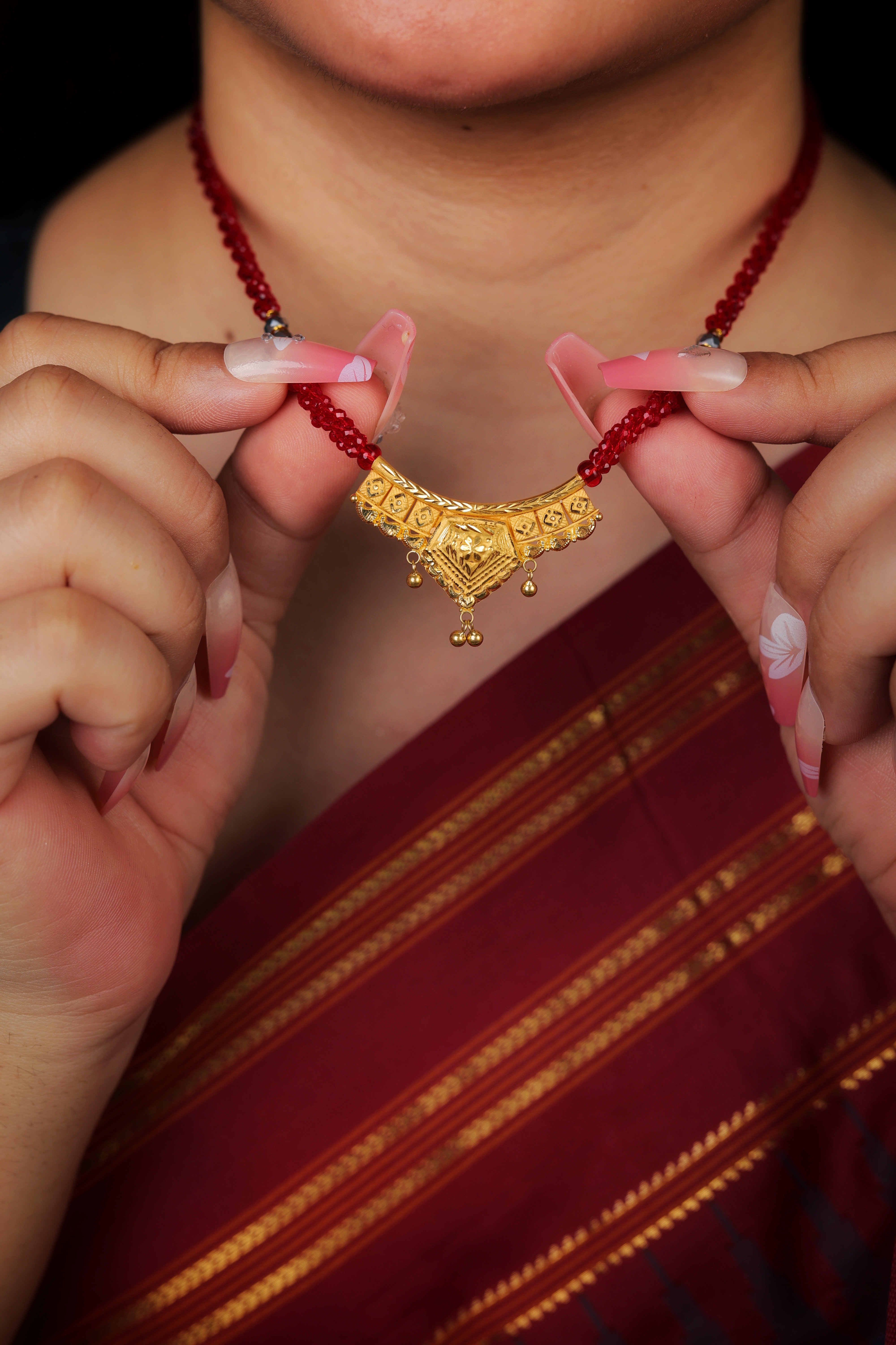 Traditional Curved Gold Pendant Mangal Sutra with Red Beaded Chain