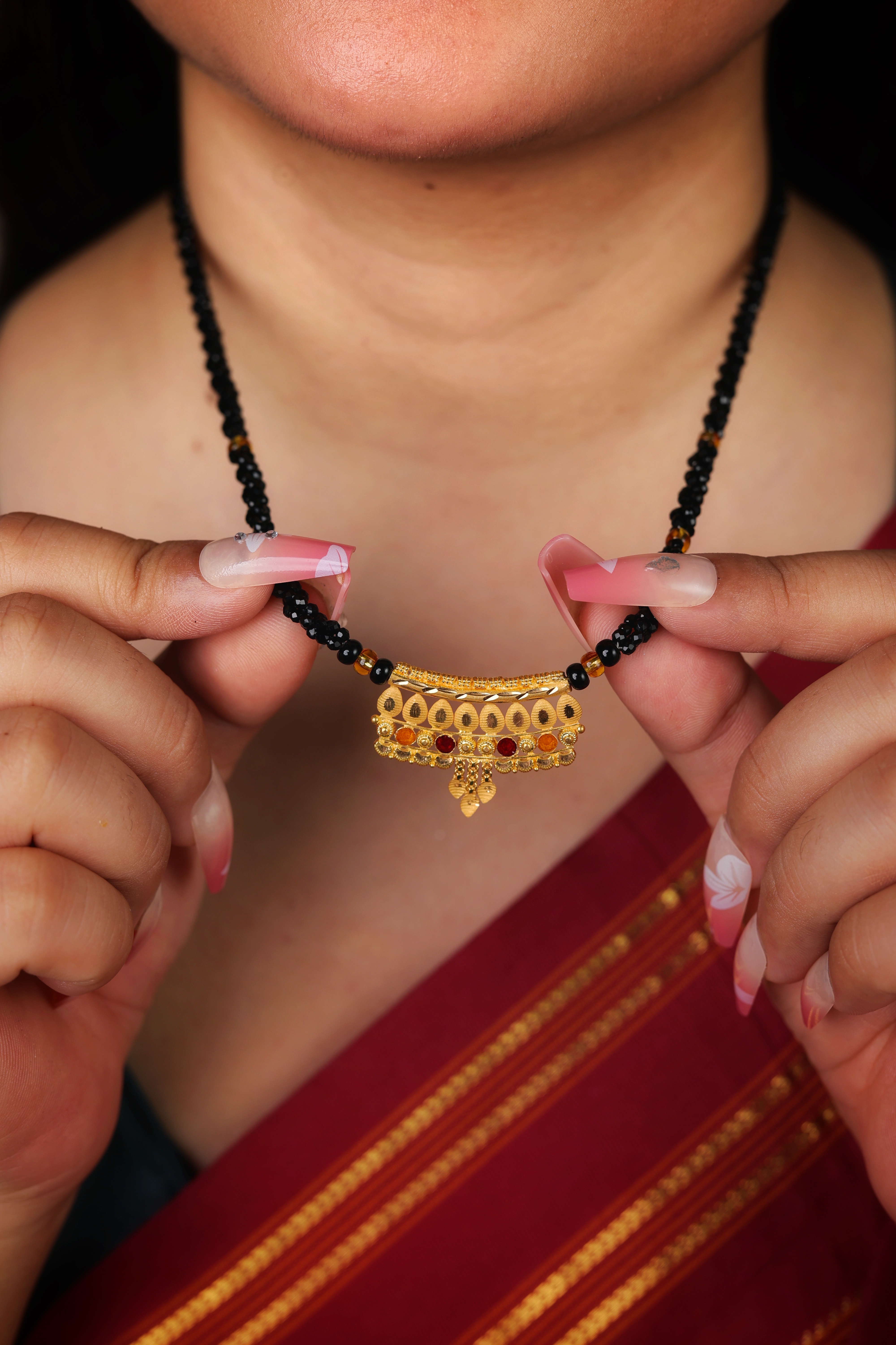 Ornate Multi-Gemstone Gold Pendant Mangal Sutra with Black Beads