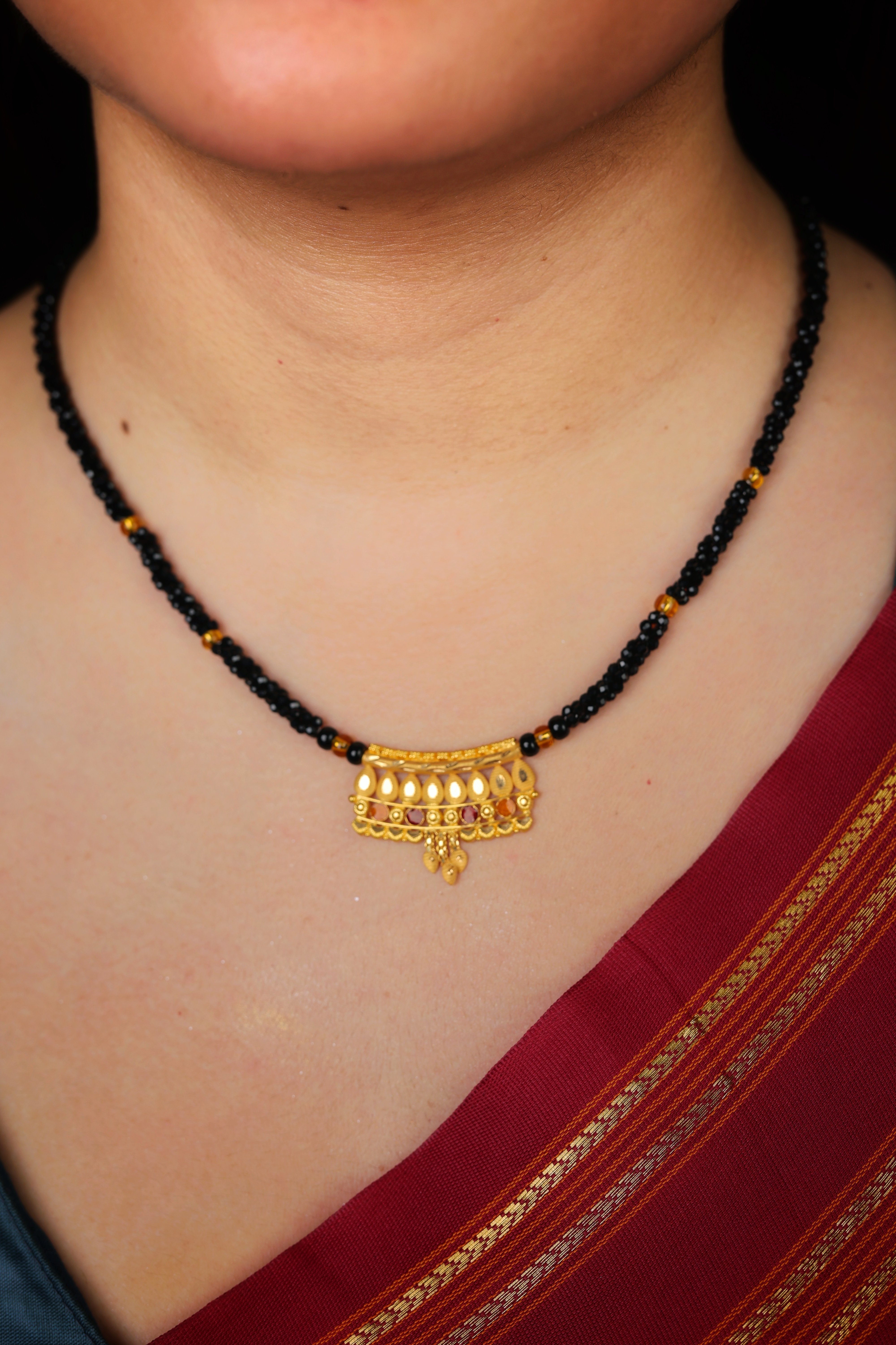 Ornate Multi-Gemstone Gold Pendant Mangal Sutra with Black Beads