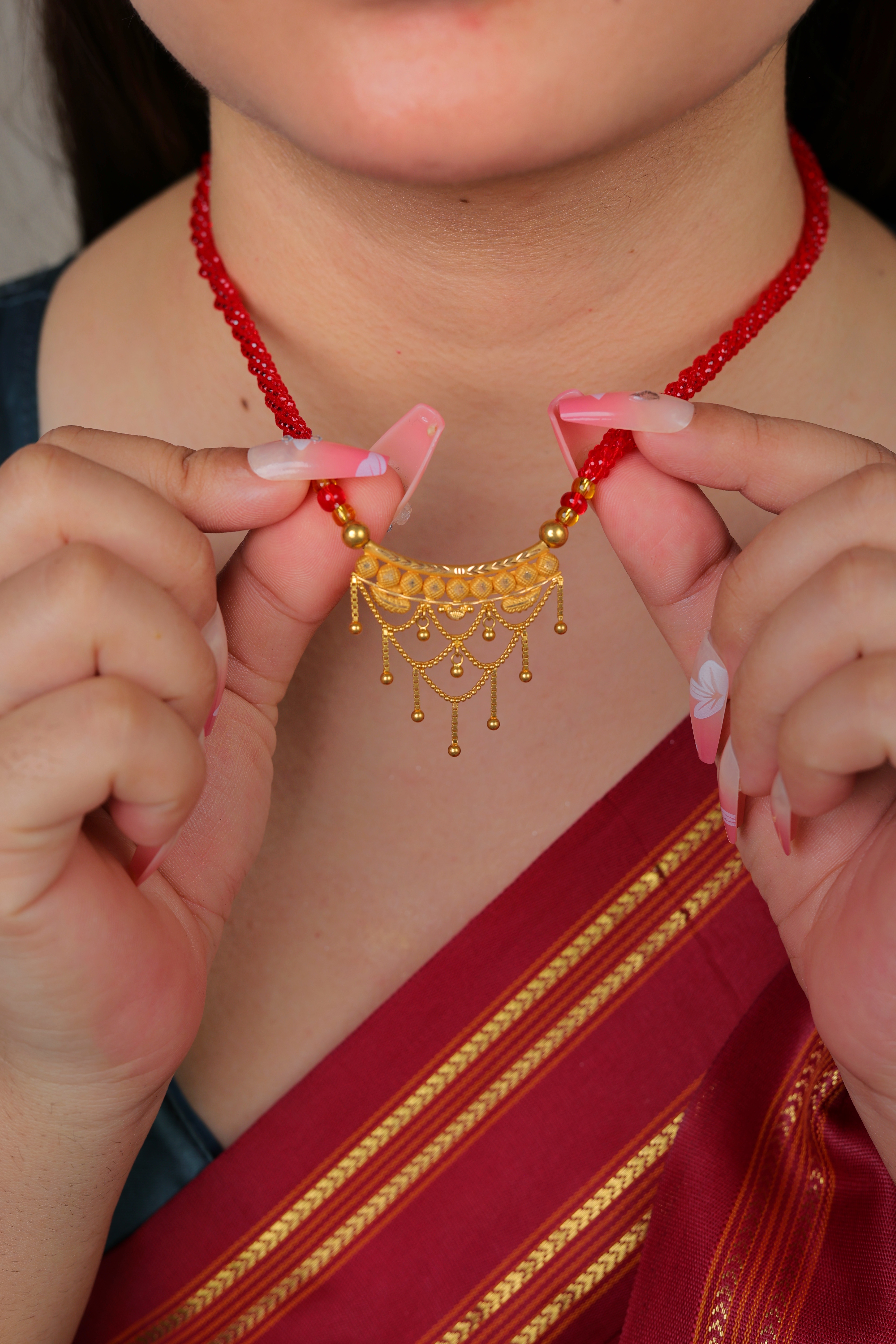 Delicate Tassel Arch Gold Pendant Mangal Sutra with Red Beaded Chain