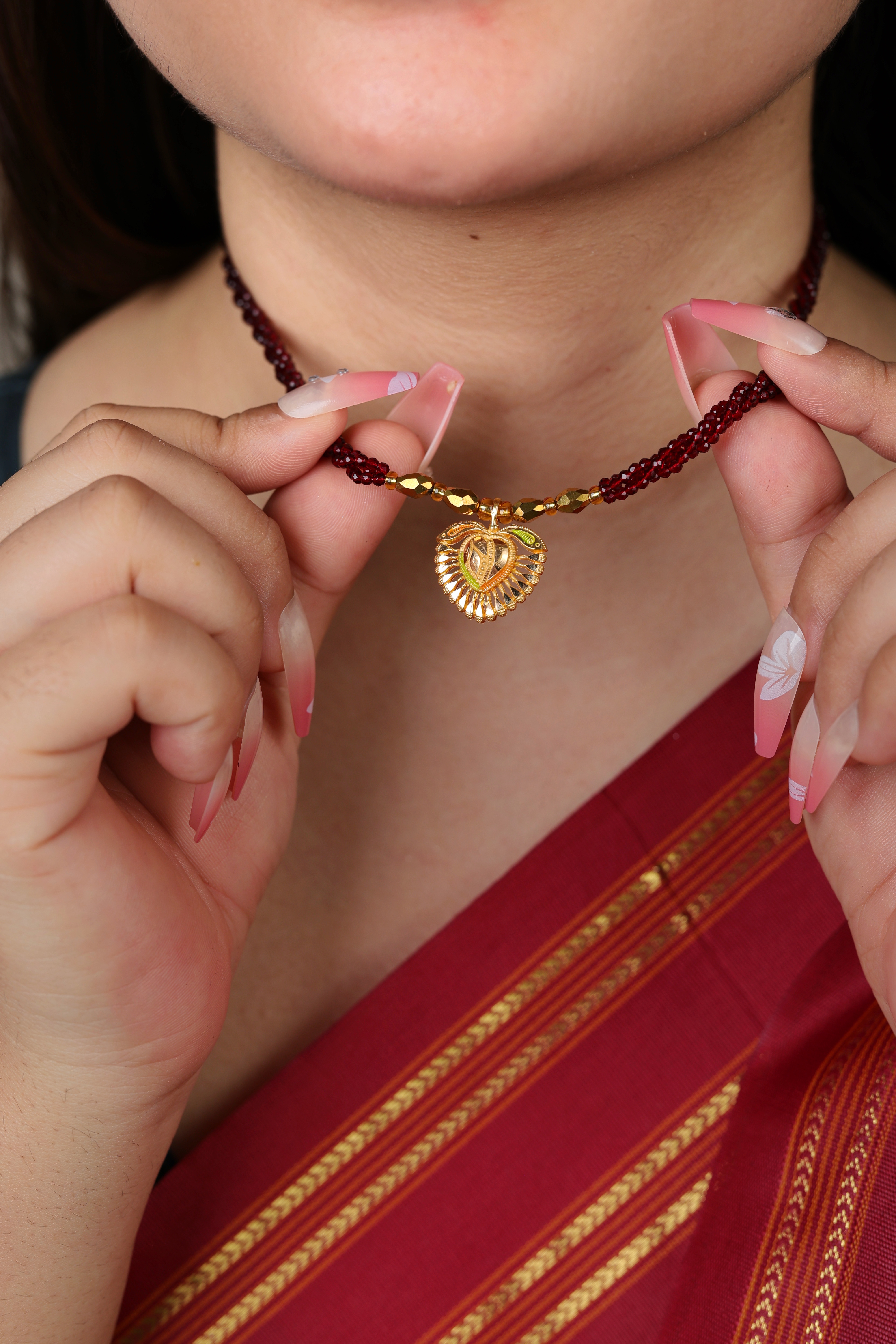 Ornate Heart Gold Pendant Mangal Sutra with Green Stone Accent