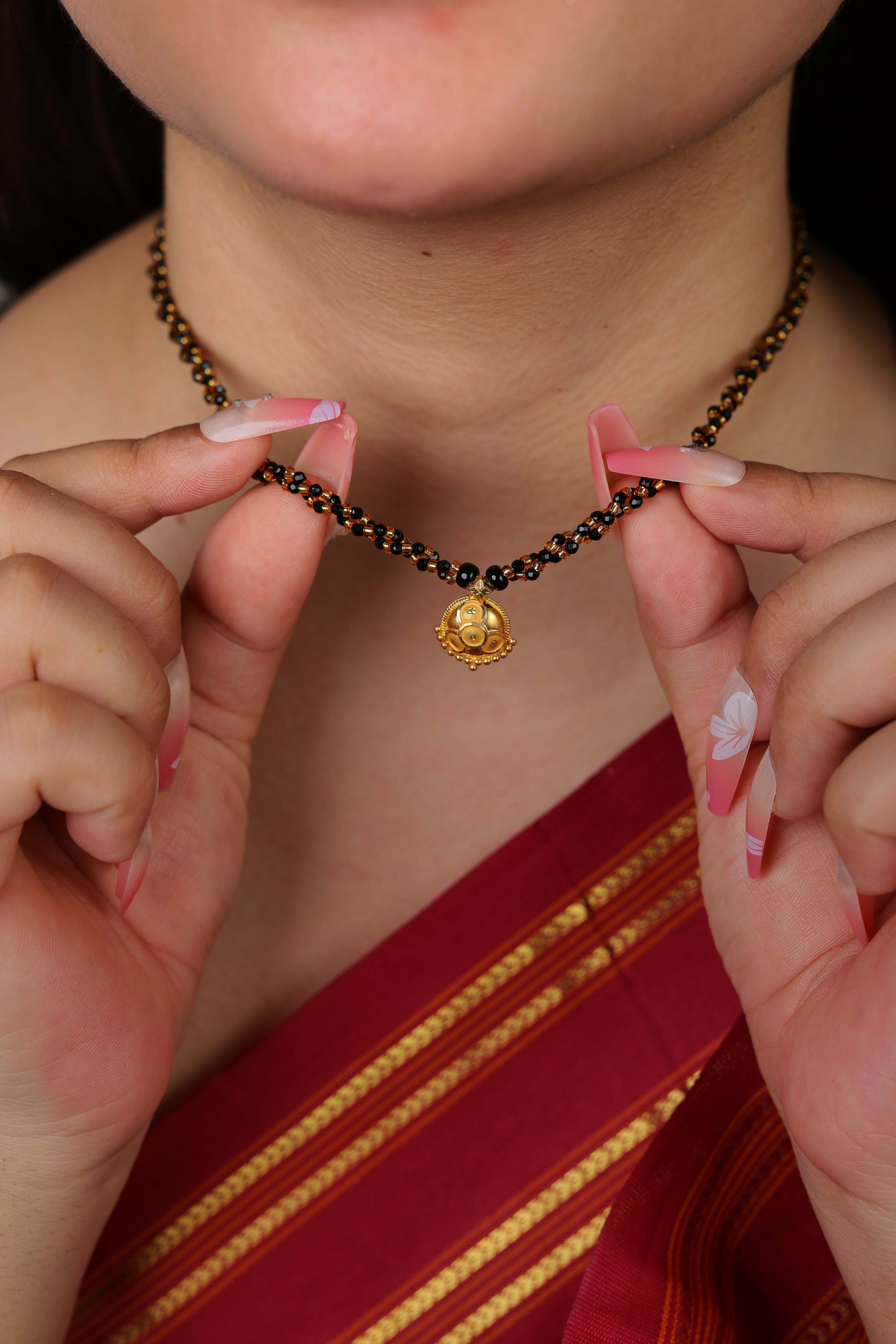 Delicate Traditional Gold Bell Pendant Mangal Sutra with Black Beads
