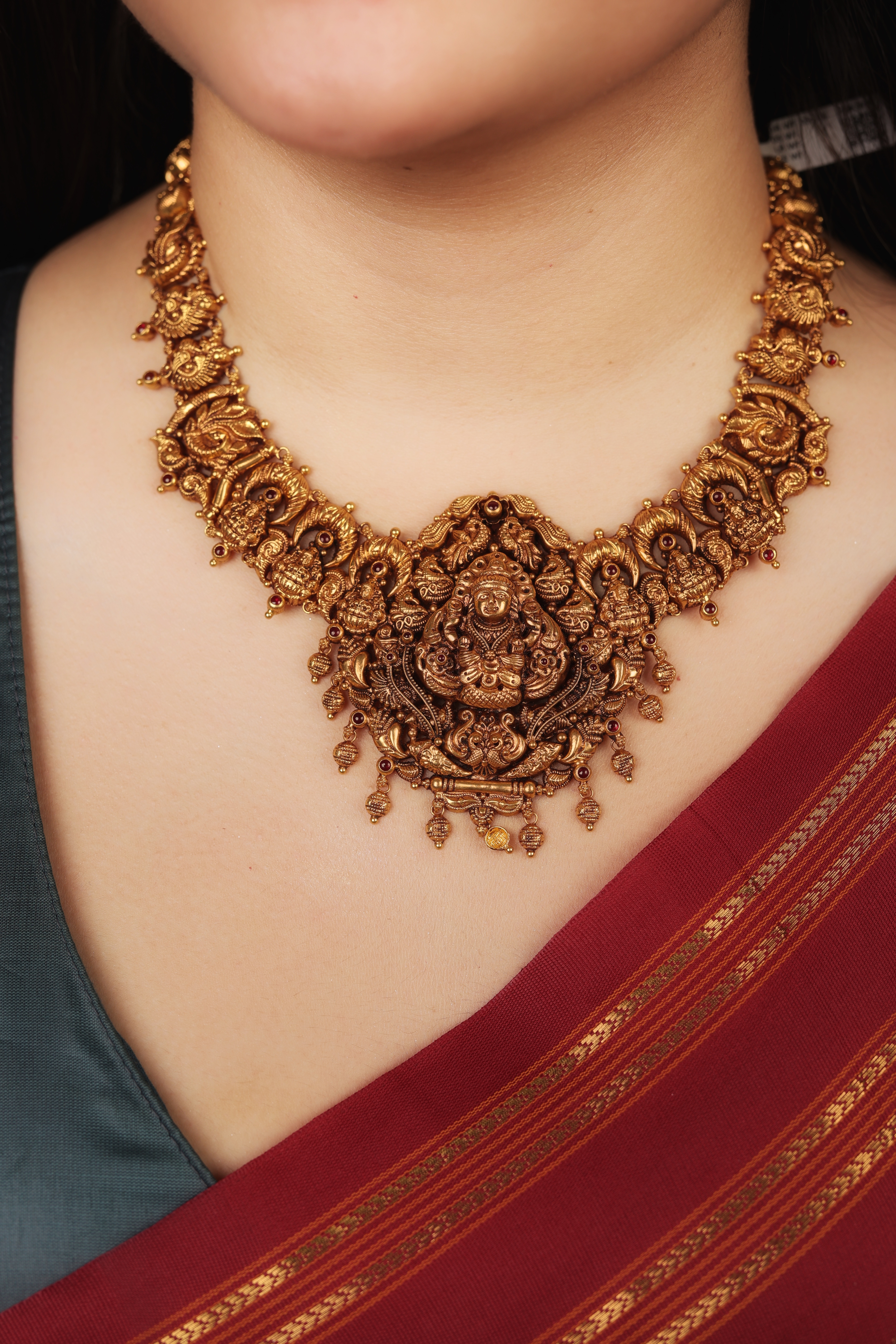 Grand Antique Finish Goddess Lakshmi Temple Jewellery Necklace