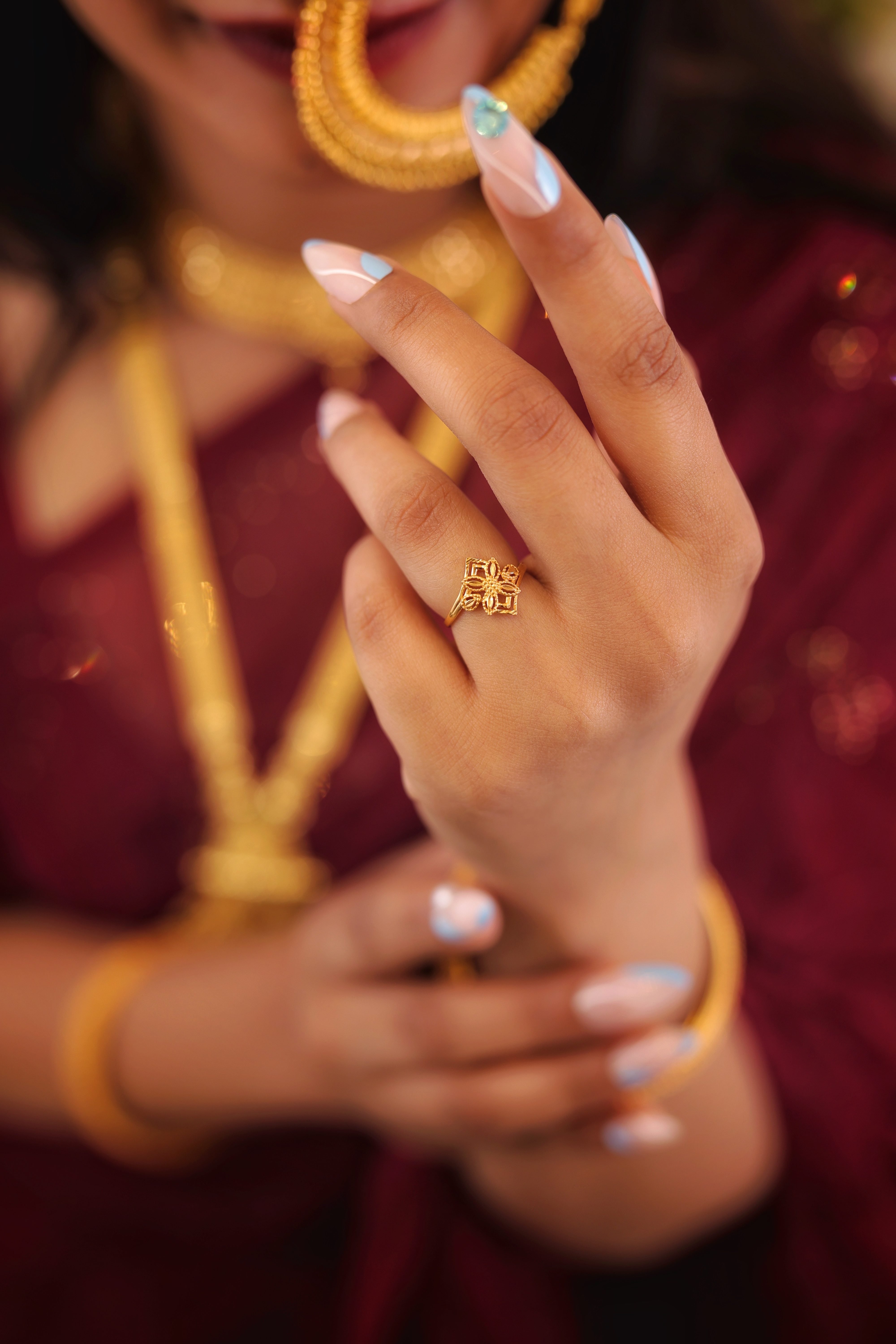 Ornate Geometric and Floral Gold Ladies Casting Ring