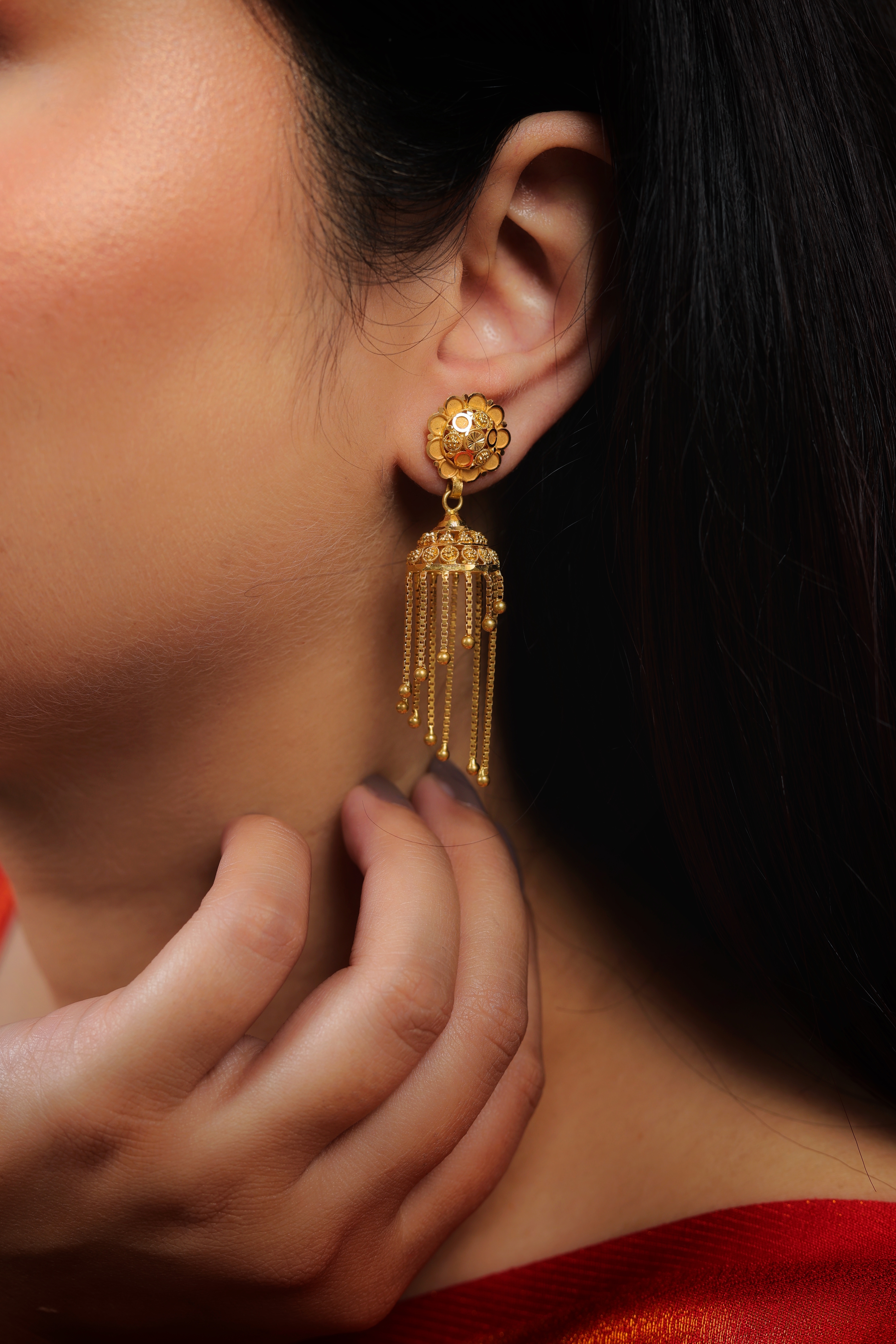 Floral Stud Traditional Gold Jhumki Earrings with Cascading Chain Drop