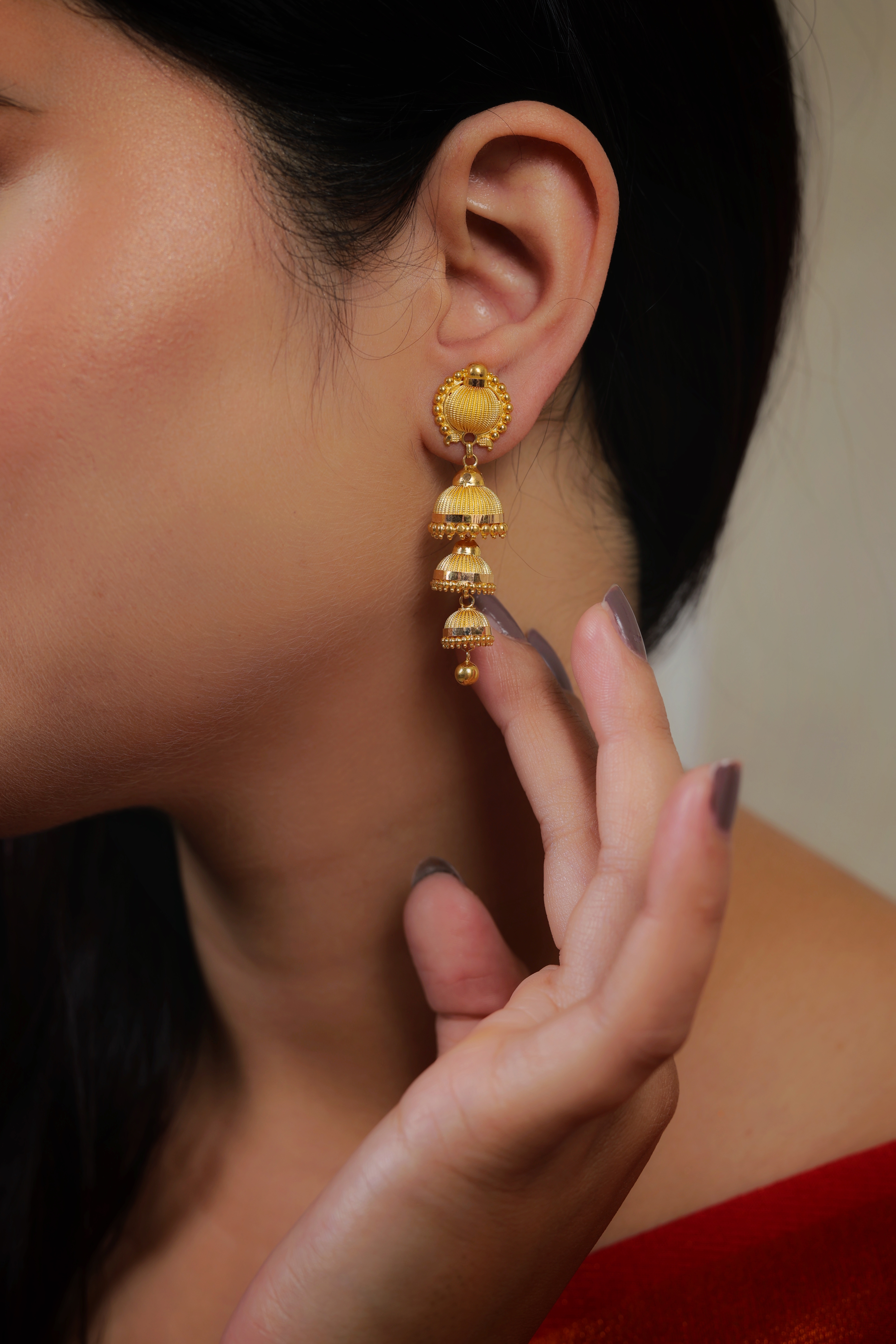 Opulent Triple-Stacked Granulated Gold Jhumki Earrings