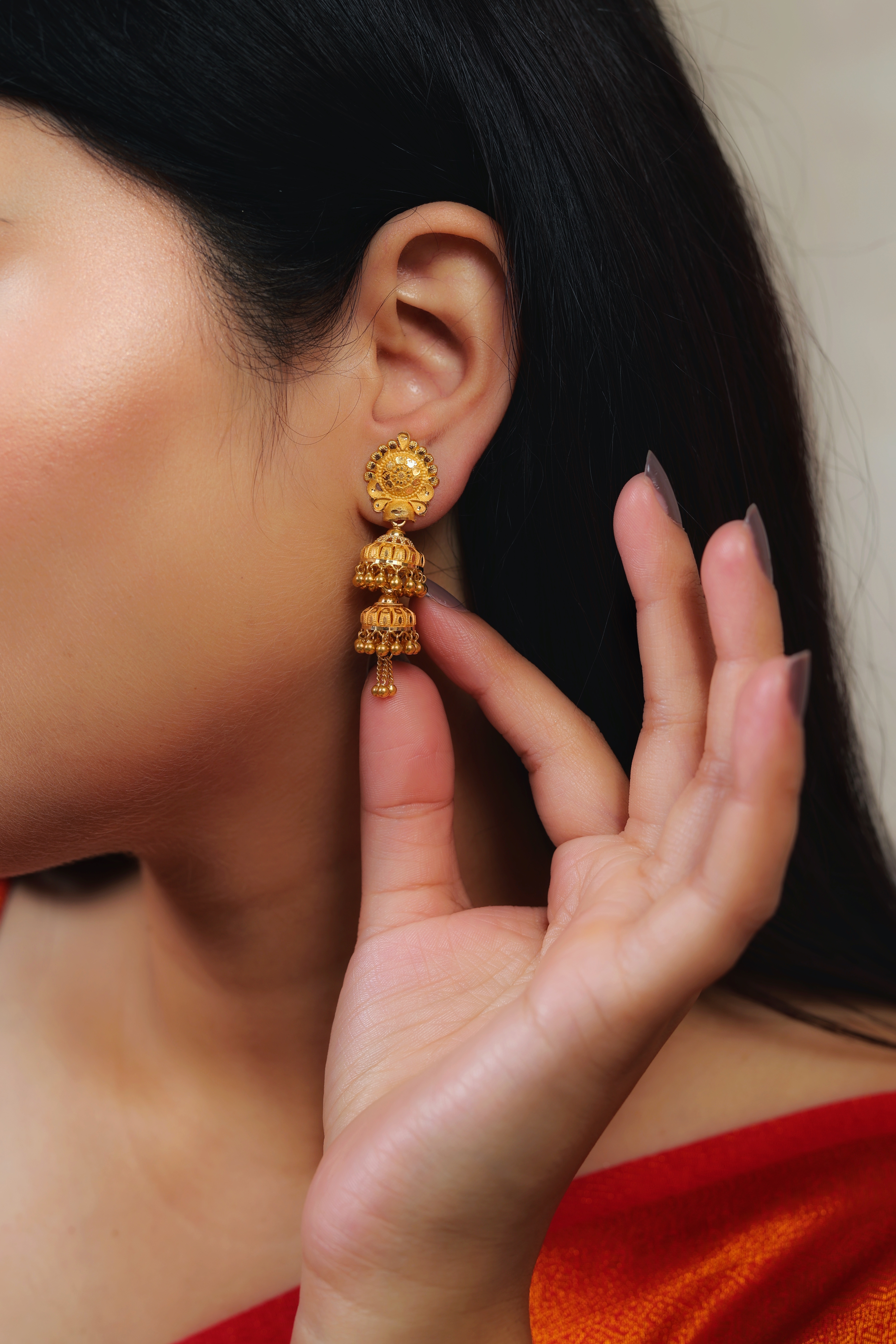 Ornate Medallion-Top Double-Bell Traditional Gold Jhumki Earrings