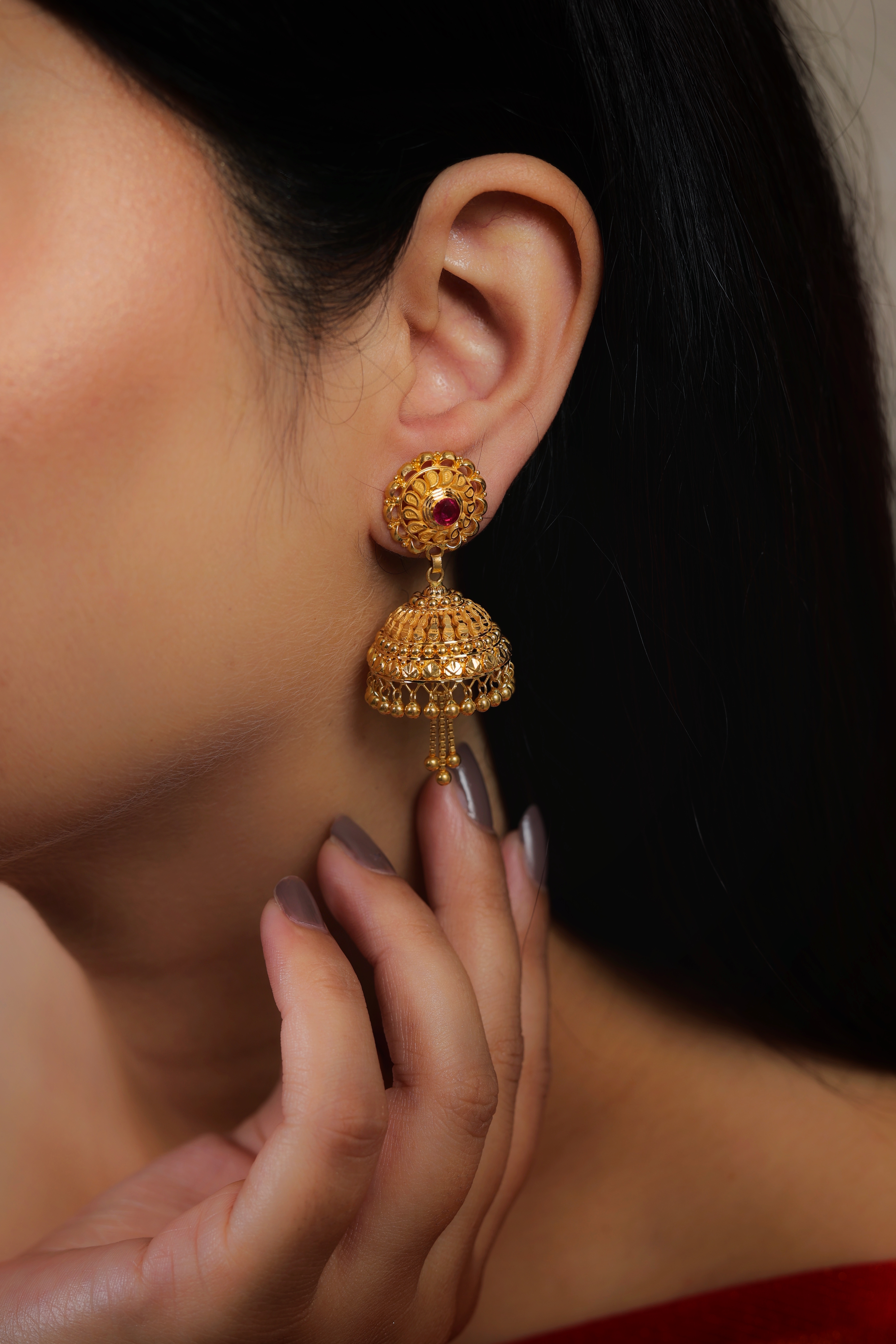 Floral Ruby-Studded Traditional Gold Jhumki Earrings