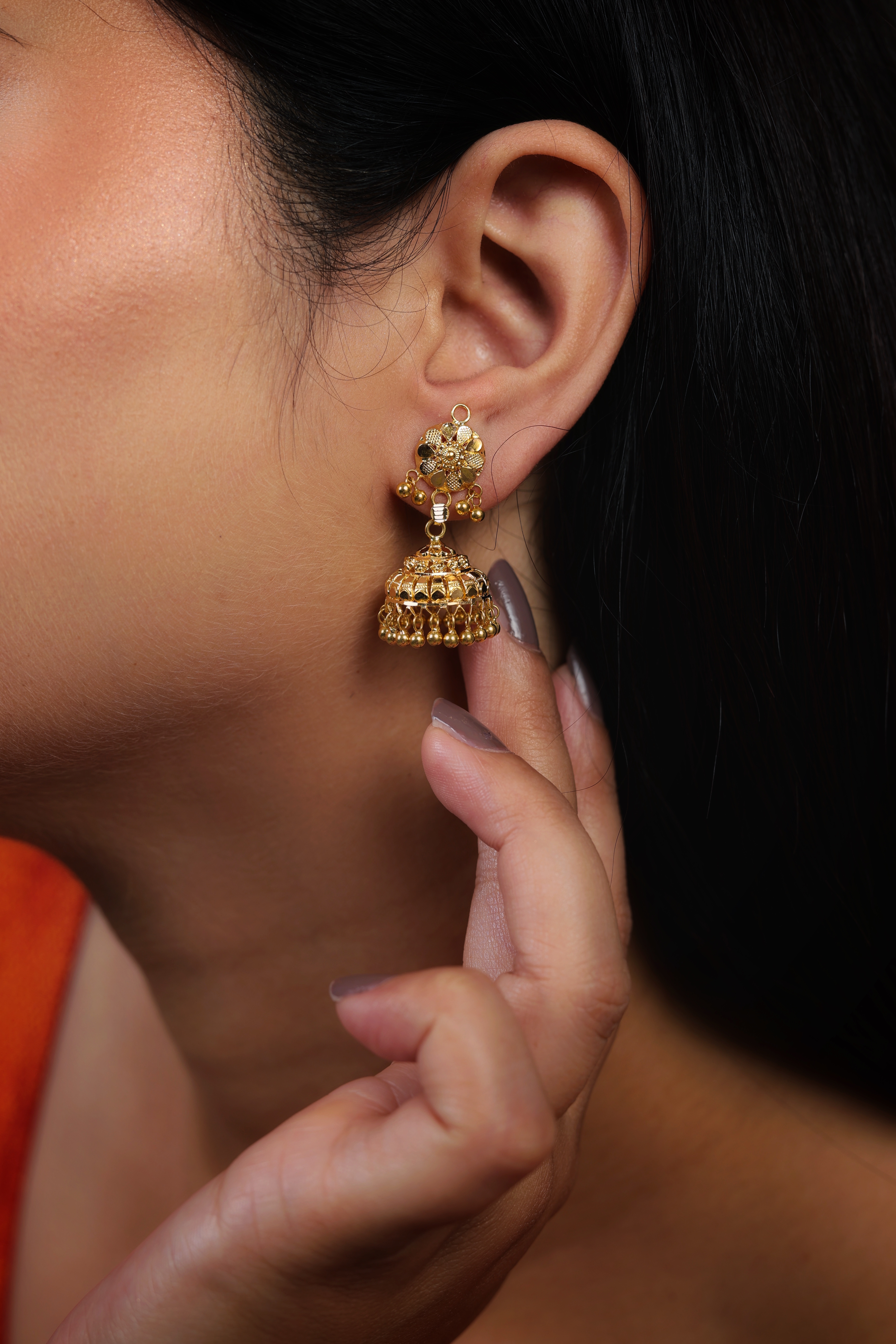 Floral Medallion Gold Jhumki Earrings with Intricate Heart-Lace Bell