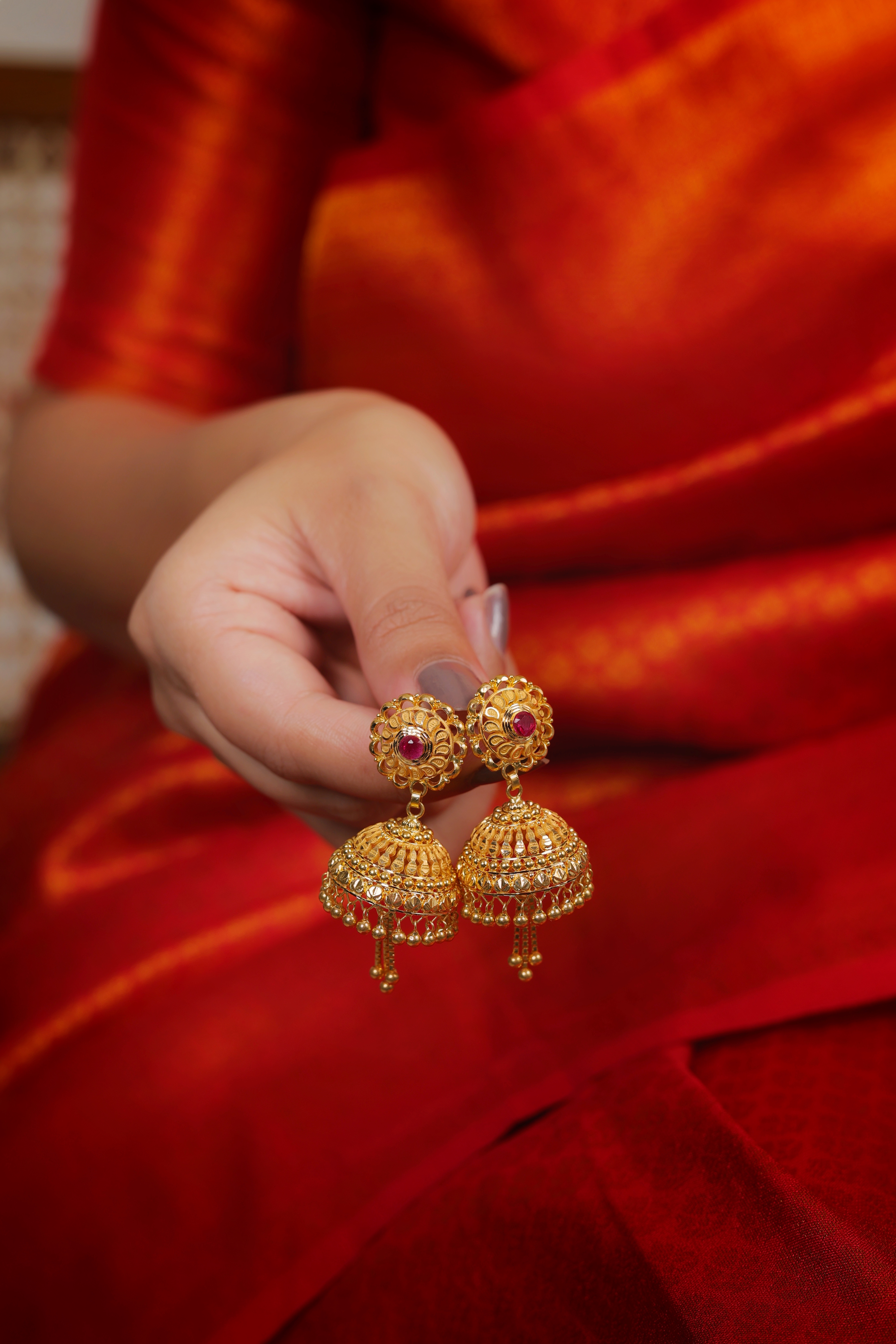 Floral Ruby-Studded Traditional Gold Jhumki Earrings