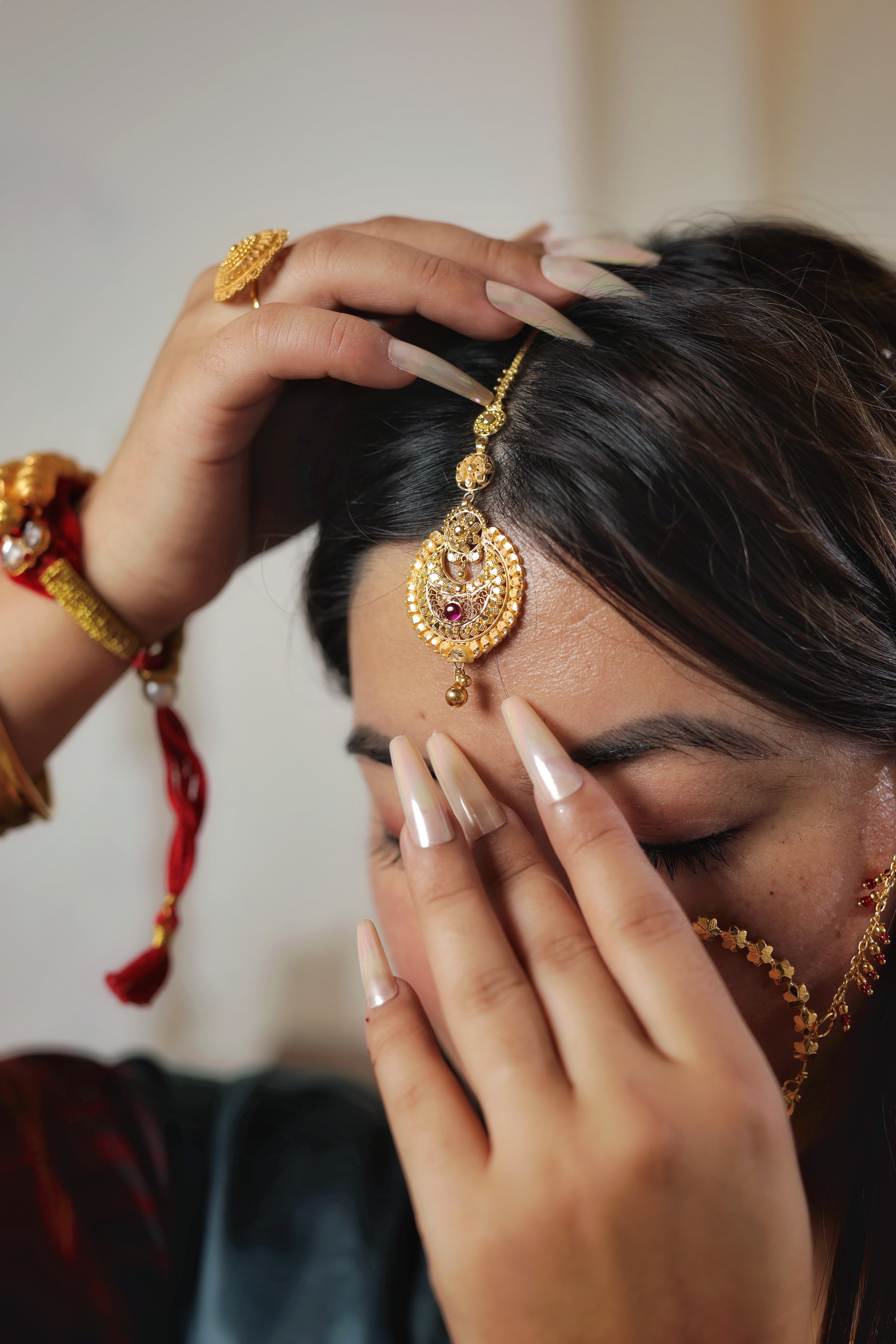 Floral Crescent Traditional Gold Maang Tika with Ruby Accent