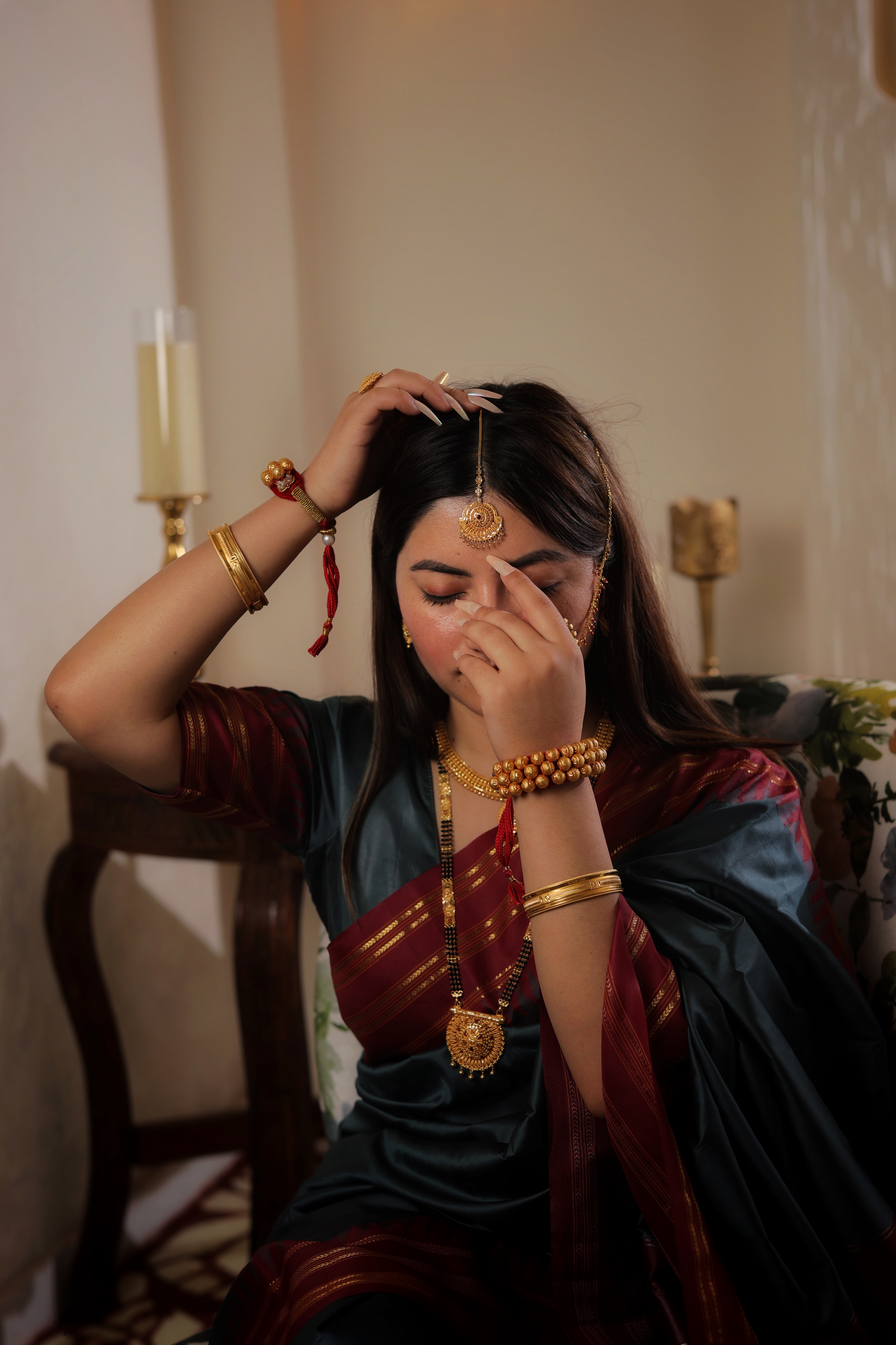 Ornate Sun-Medallion Traditional Gold Maang Tika with Beaded Fringe