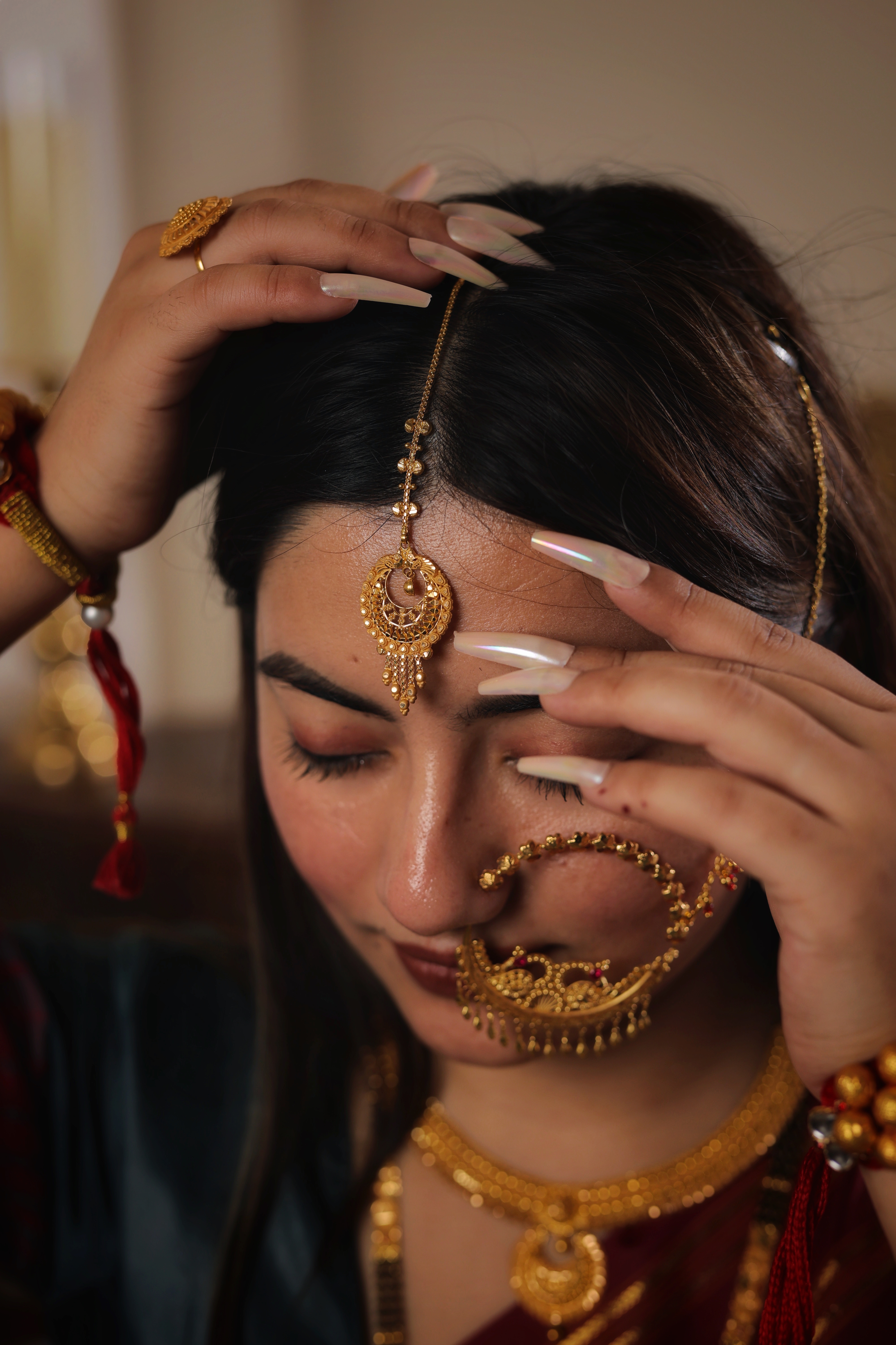 Ornate Chandbali Filigree Gold Maang Tika with Tassel Drop