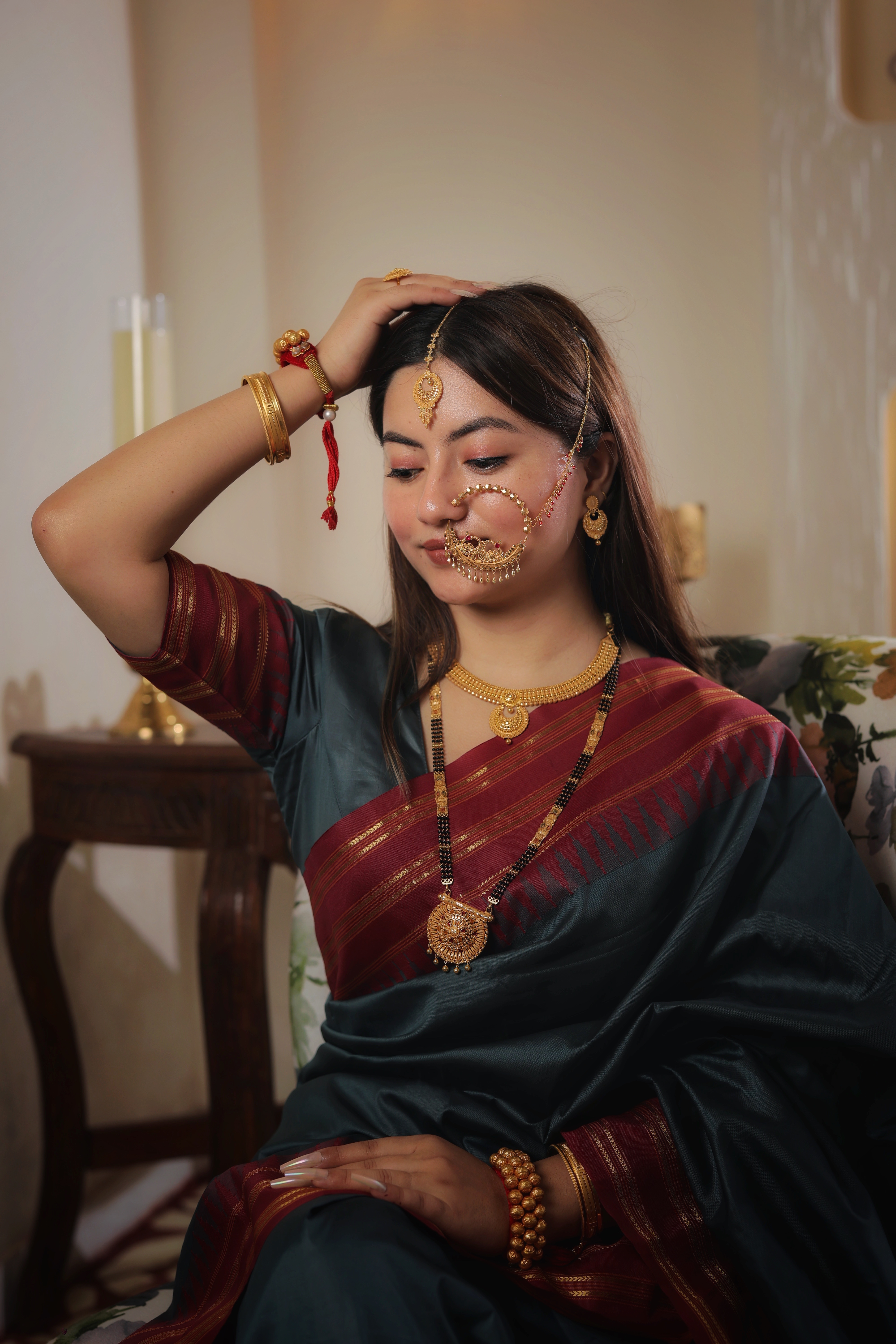 Ornate Chandbali Filigree Gold Maang Tika with Tassel Drop