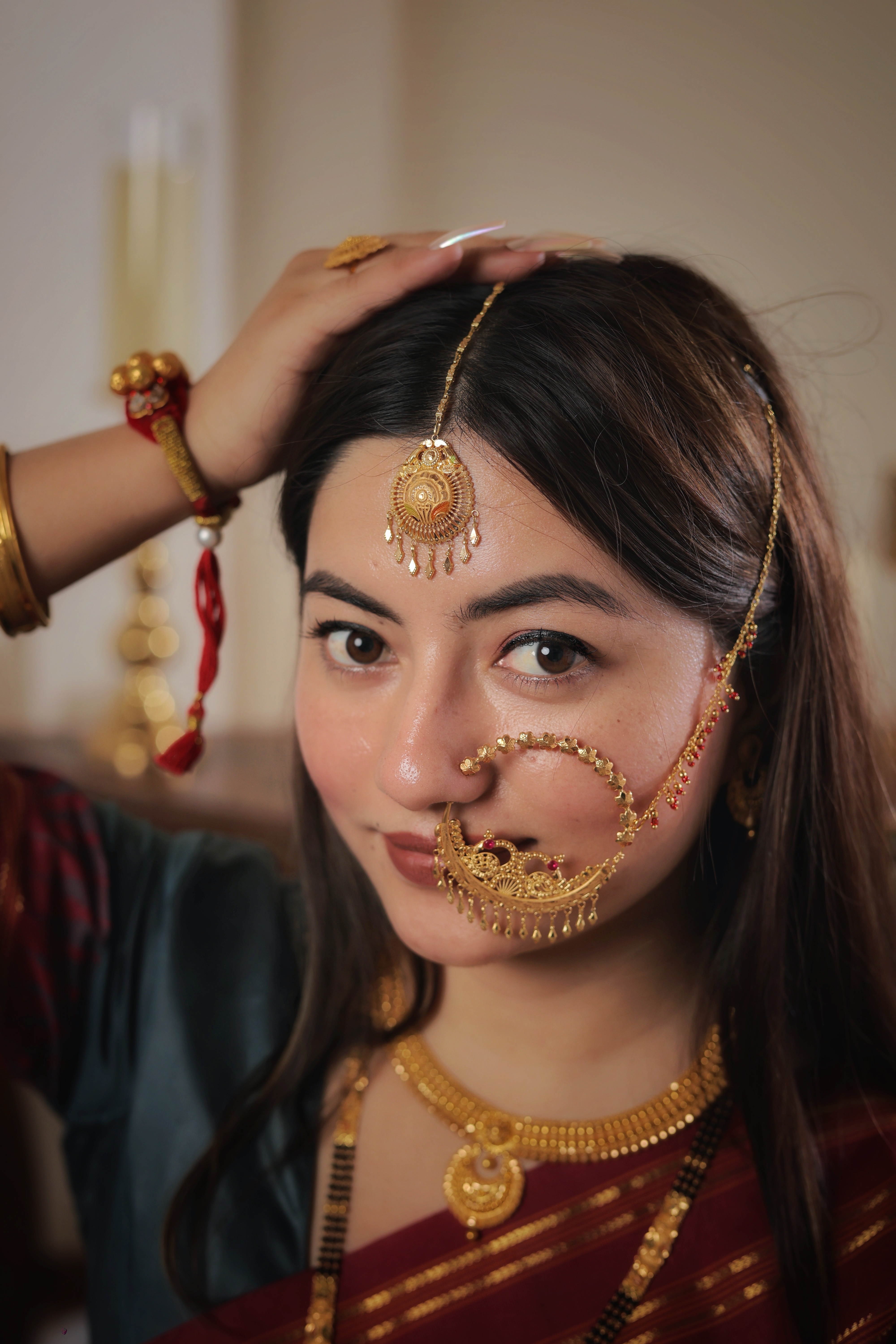 Grand Sunburst Filigree Gold Maang Tika with Multi-Point Drops