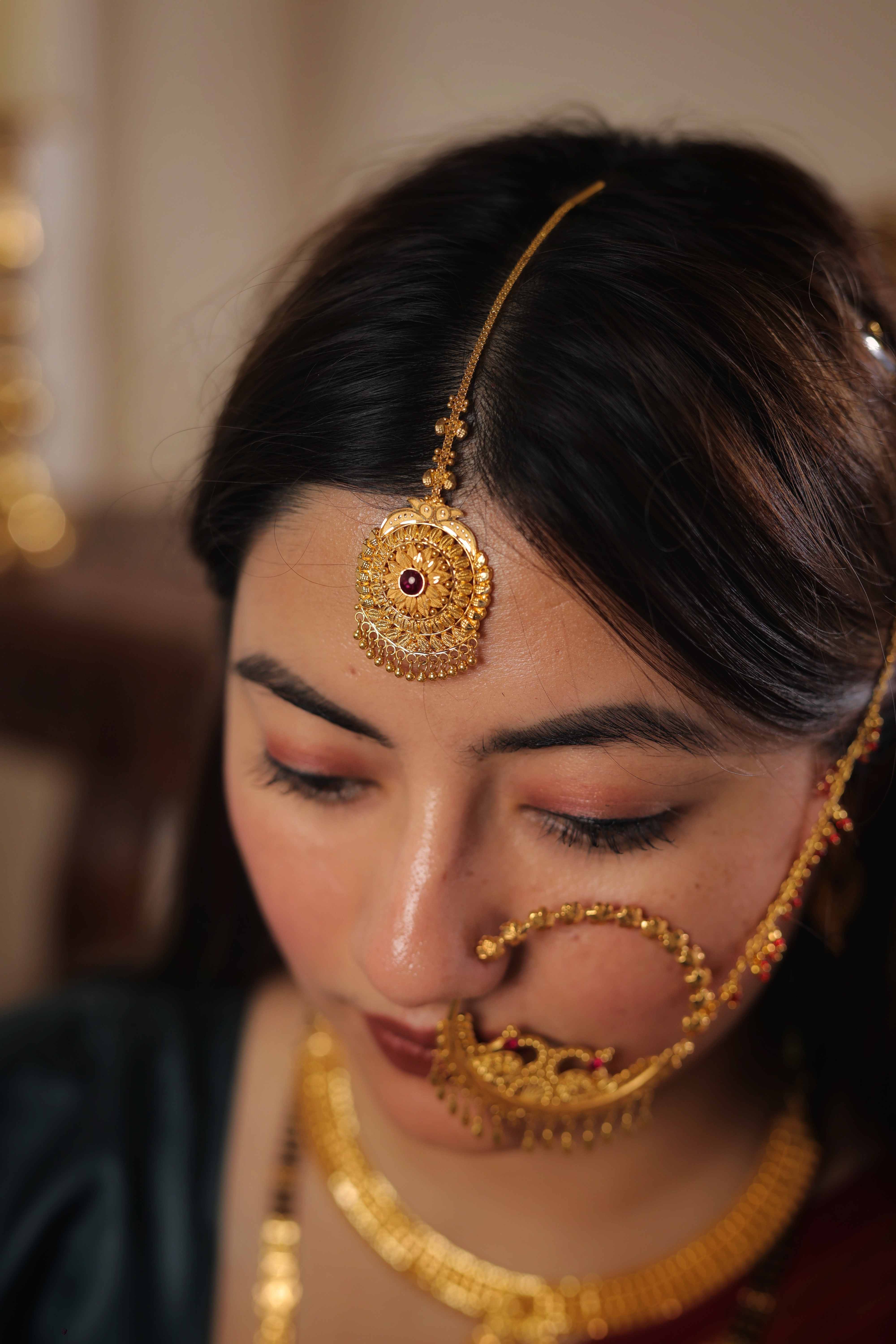 Floral Ruby-Studded Traditional Gold Maang Tika with Beaded Fringe