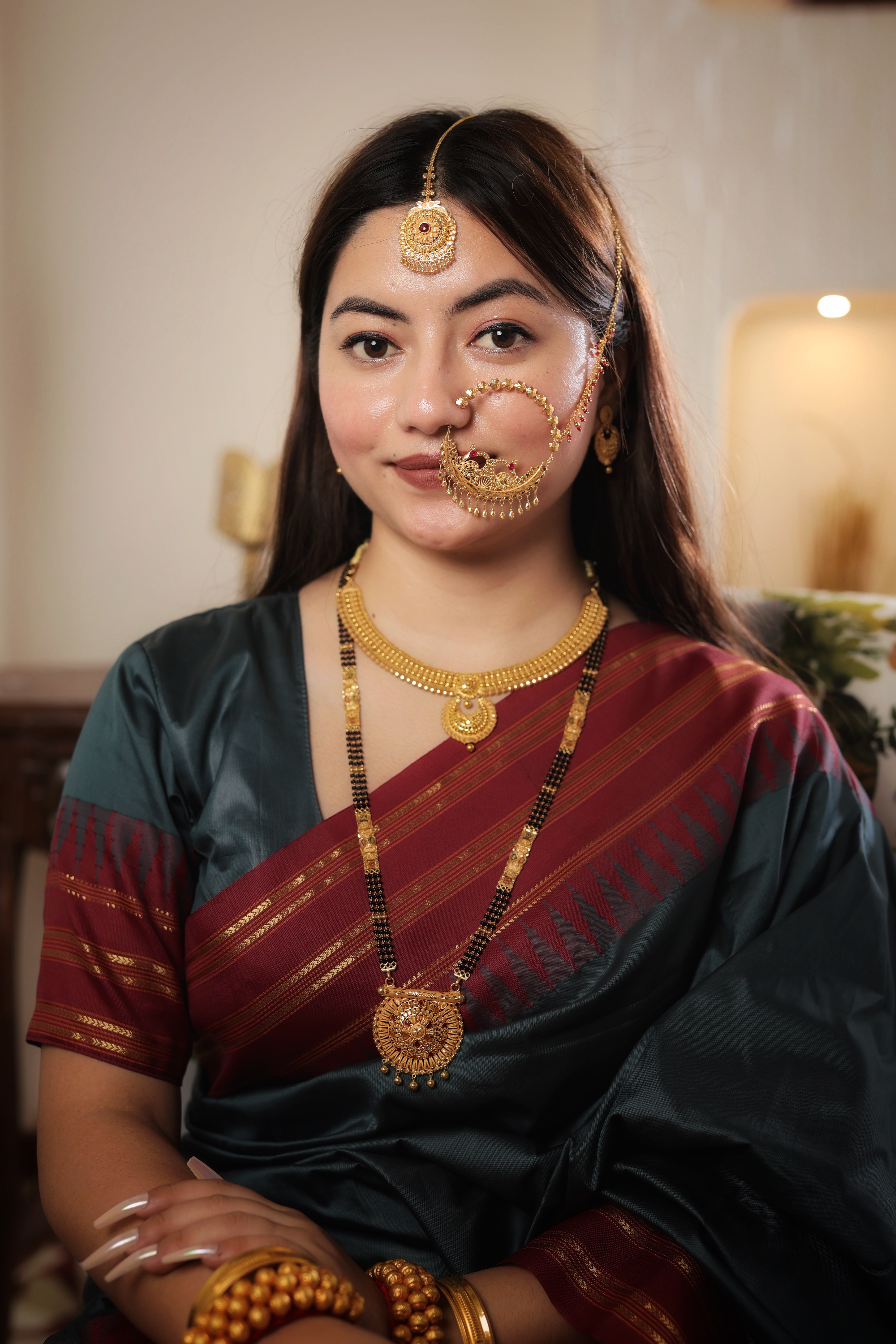 Floral Ruby-Studded Traditional Gold Maang Tika with Beaded Fringe