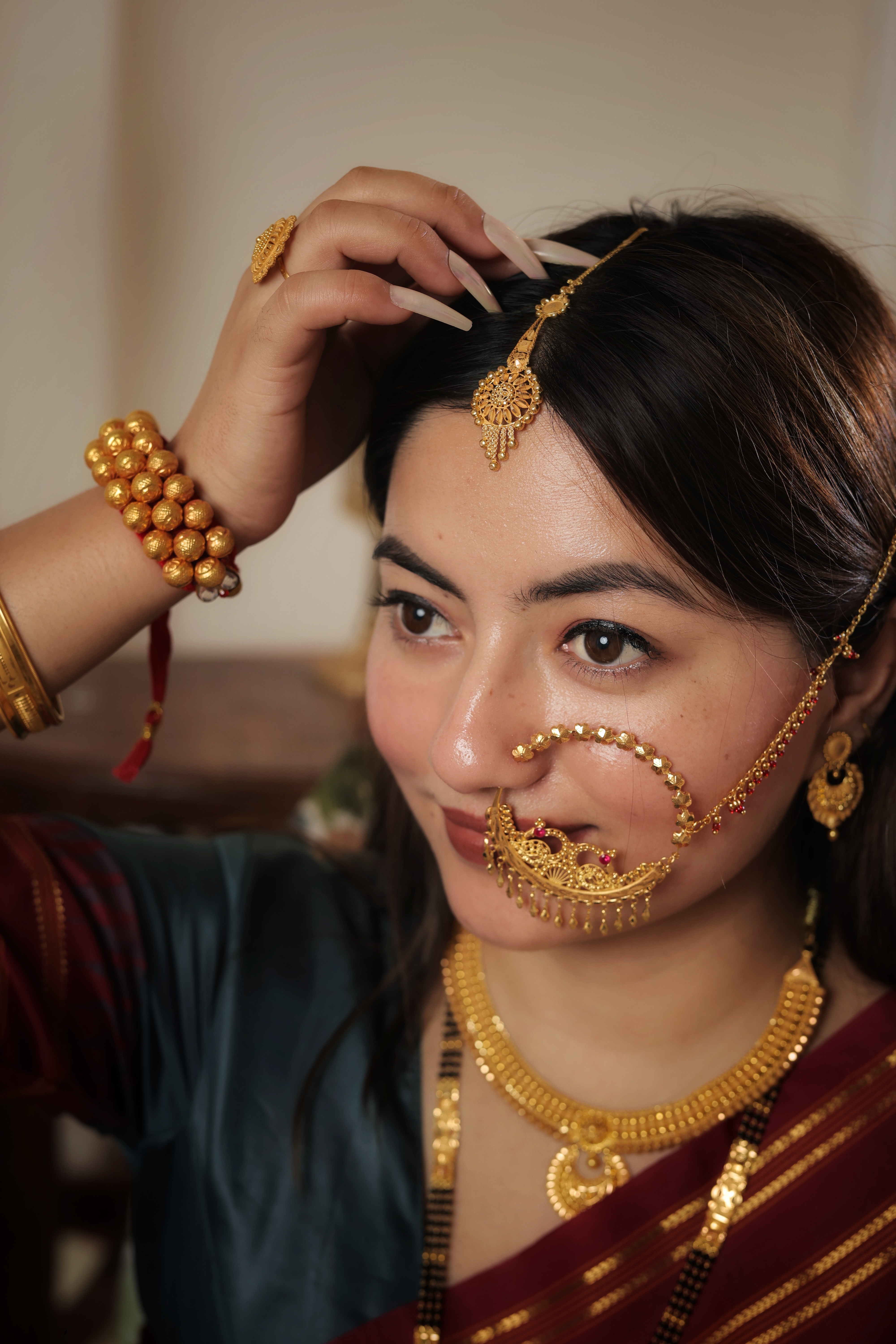 Floral Filigree Traditional Gold Maang Tika with Radiant Beaded Drop