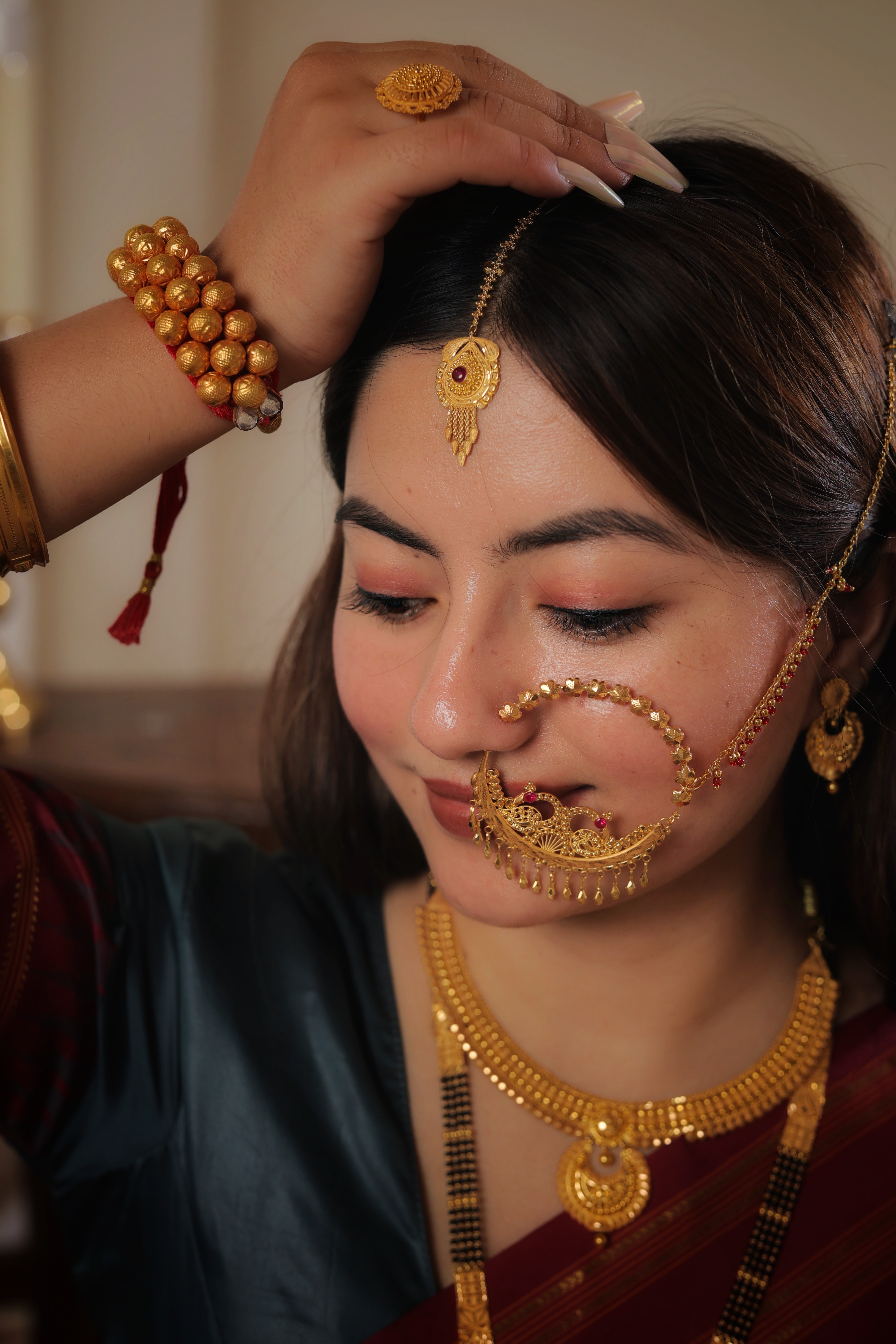 Ornate Floral-Medallion Gold Maang Tika with Ruby Center & Beaded Tassel