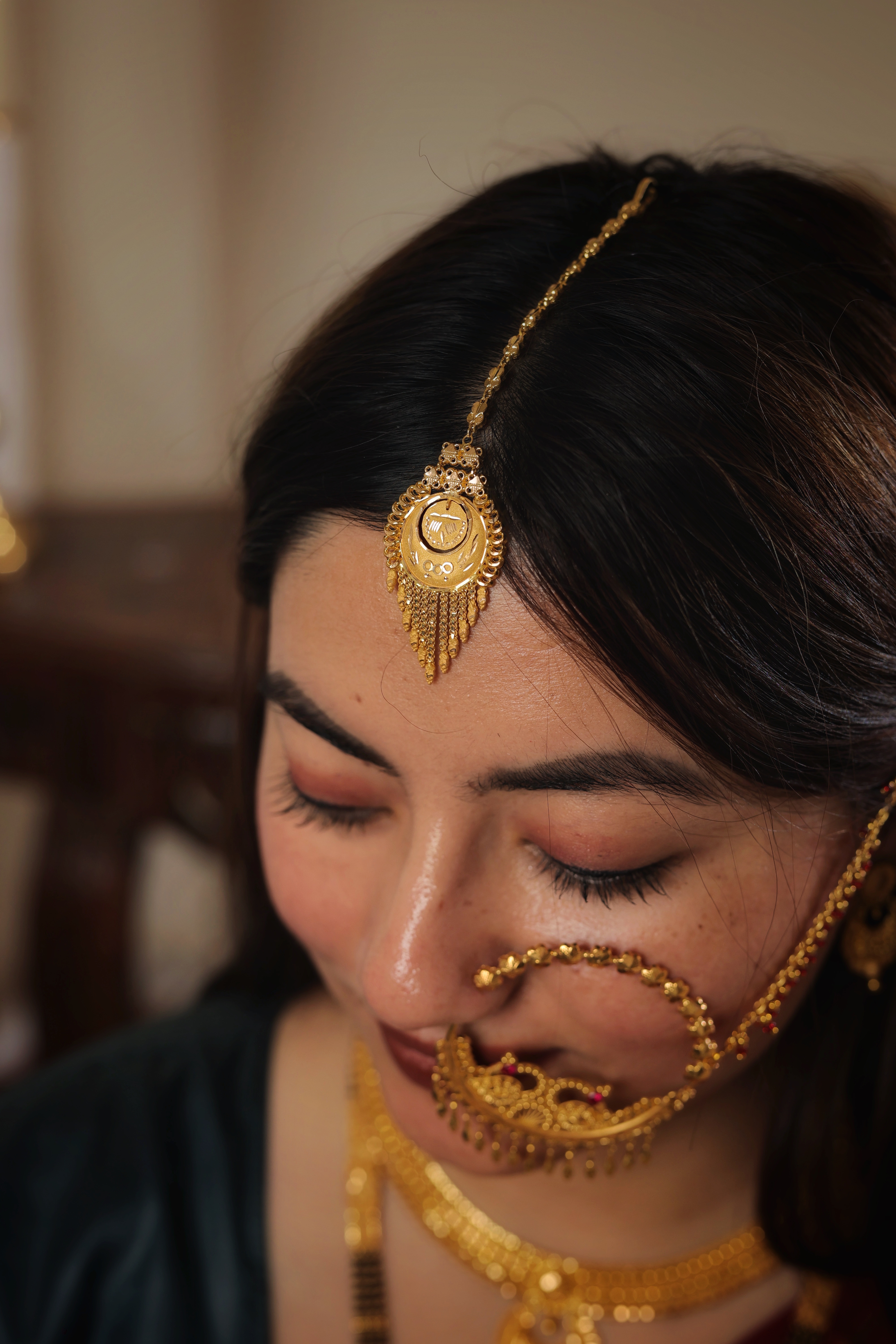 Regal Shield-Medallion Traditional Gold Maang Tika with Tapered Tassel Fringe