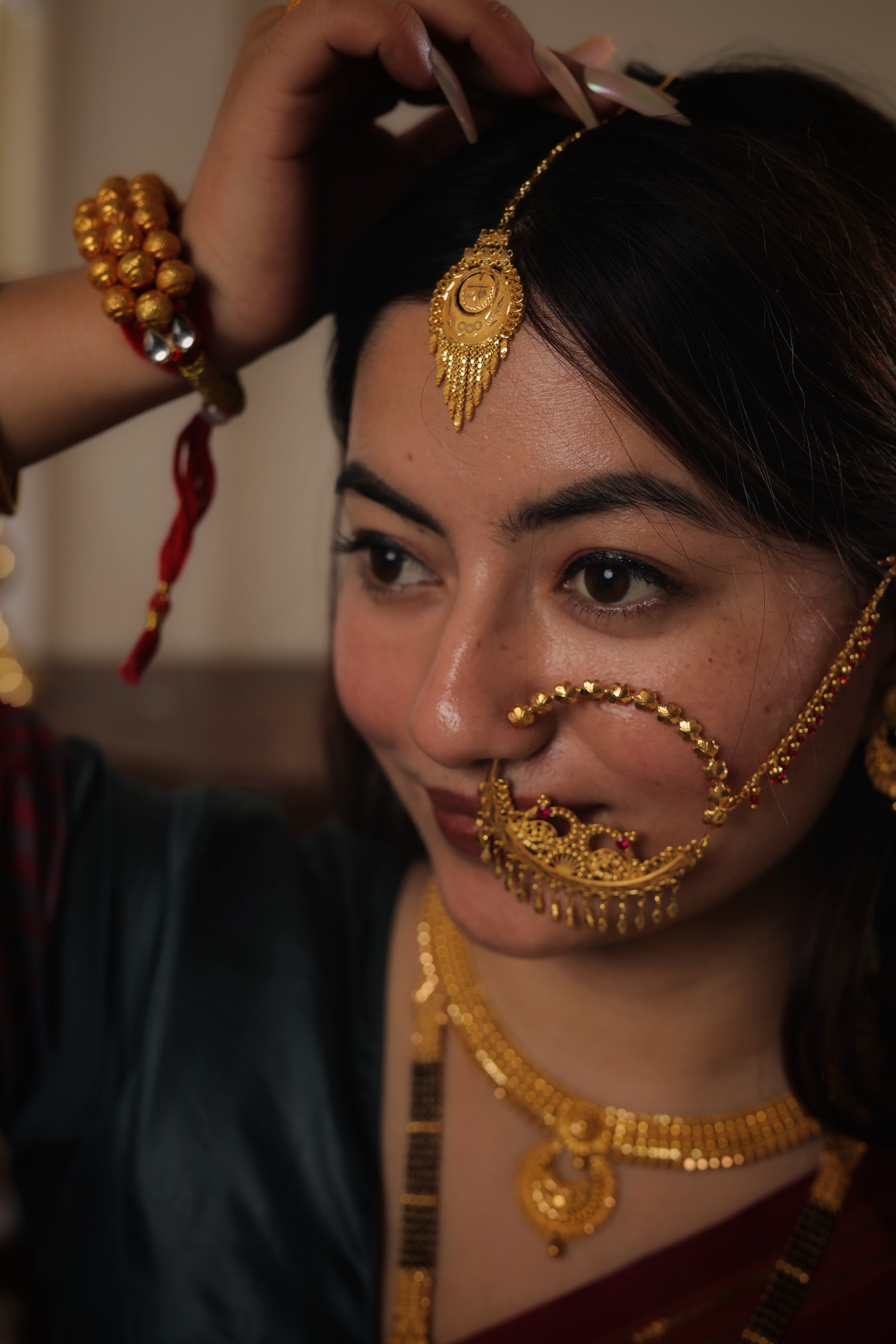 Regal Shield-Medallion Traditional Gold Maang Tika with Tapered Tassel Fringe