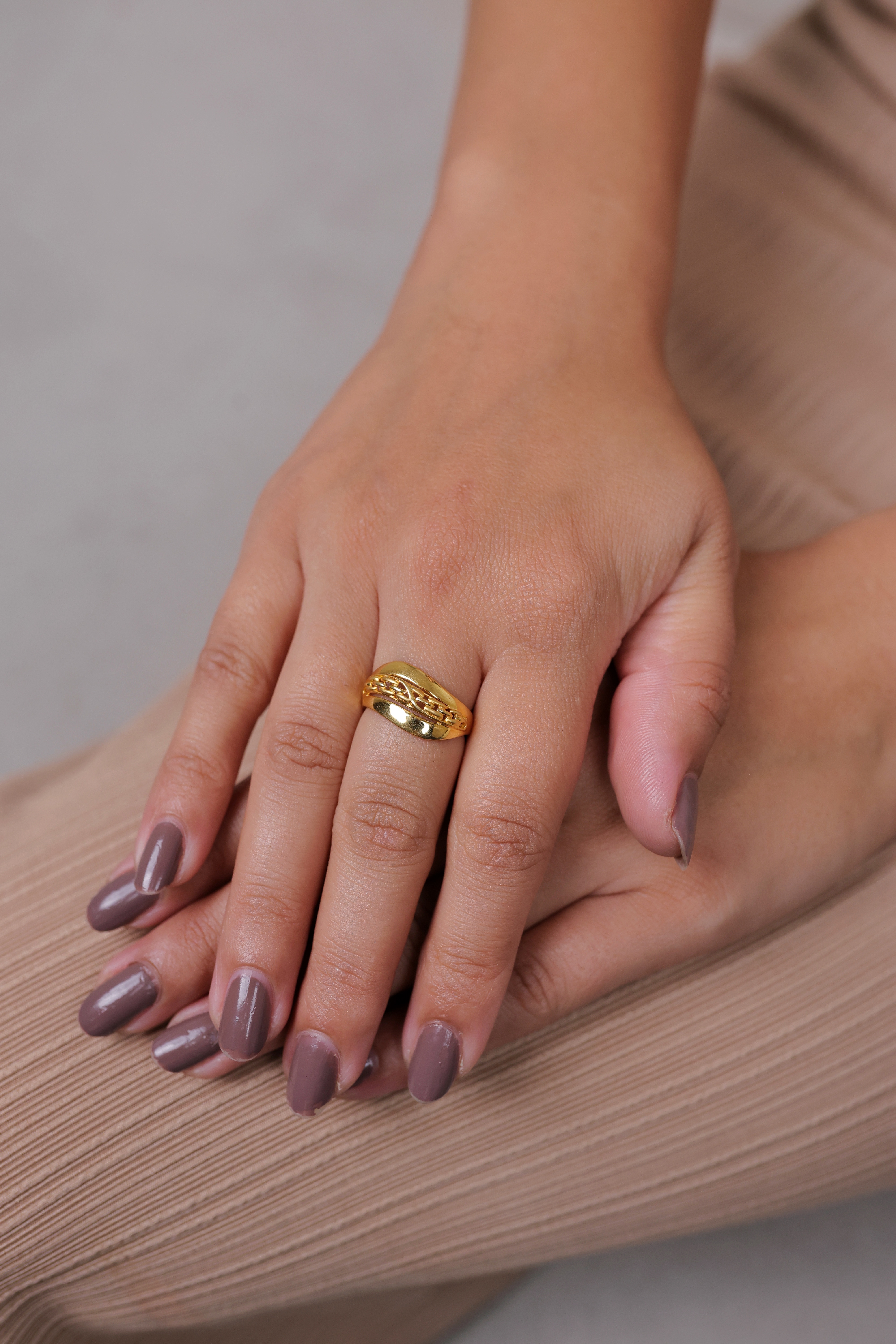 Modern Arched Shield Traditional Gold Ring with Braided Texture Accents