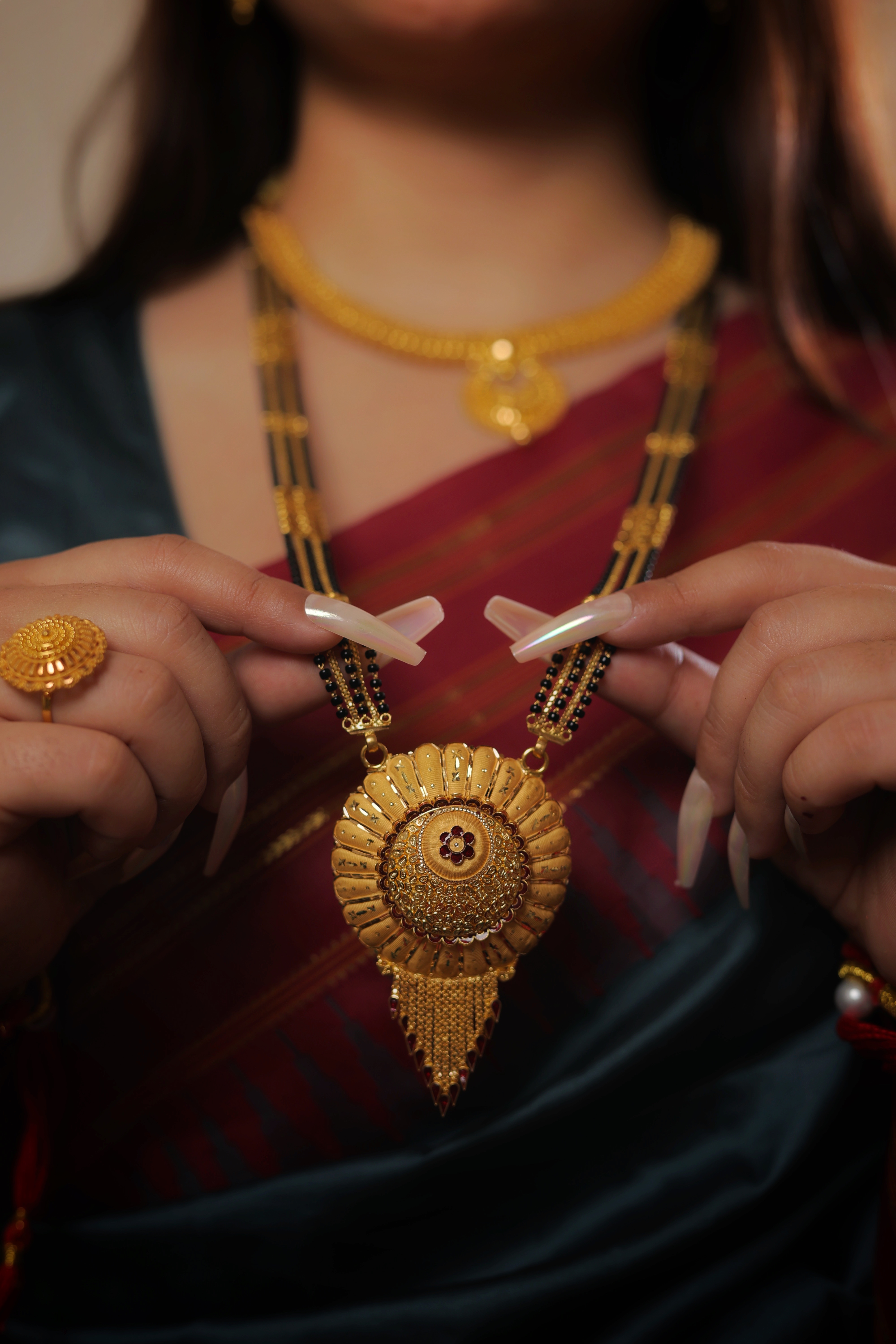 Regal Sunburst Long Mangalsutra with Granulated Pendant and Ruby Accents