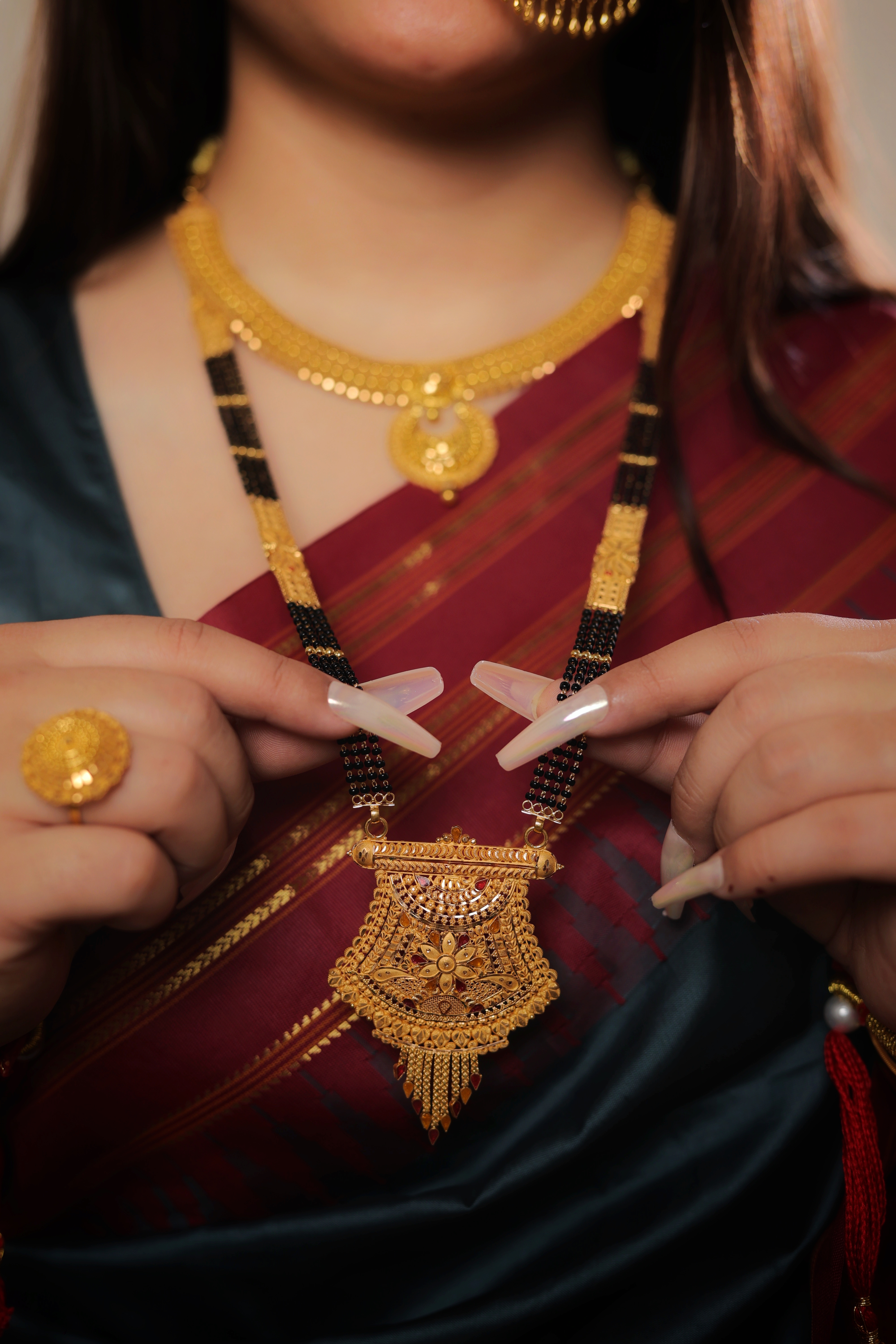 Grand Filigree Long Mangalsutra with Floral Medallion and Mesh Tassel
