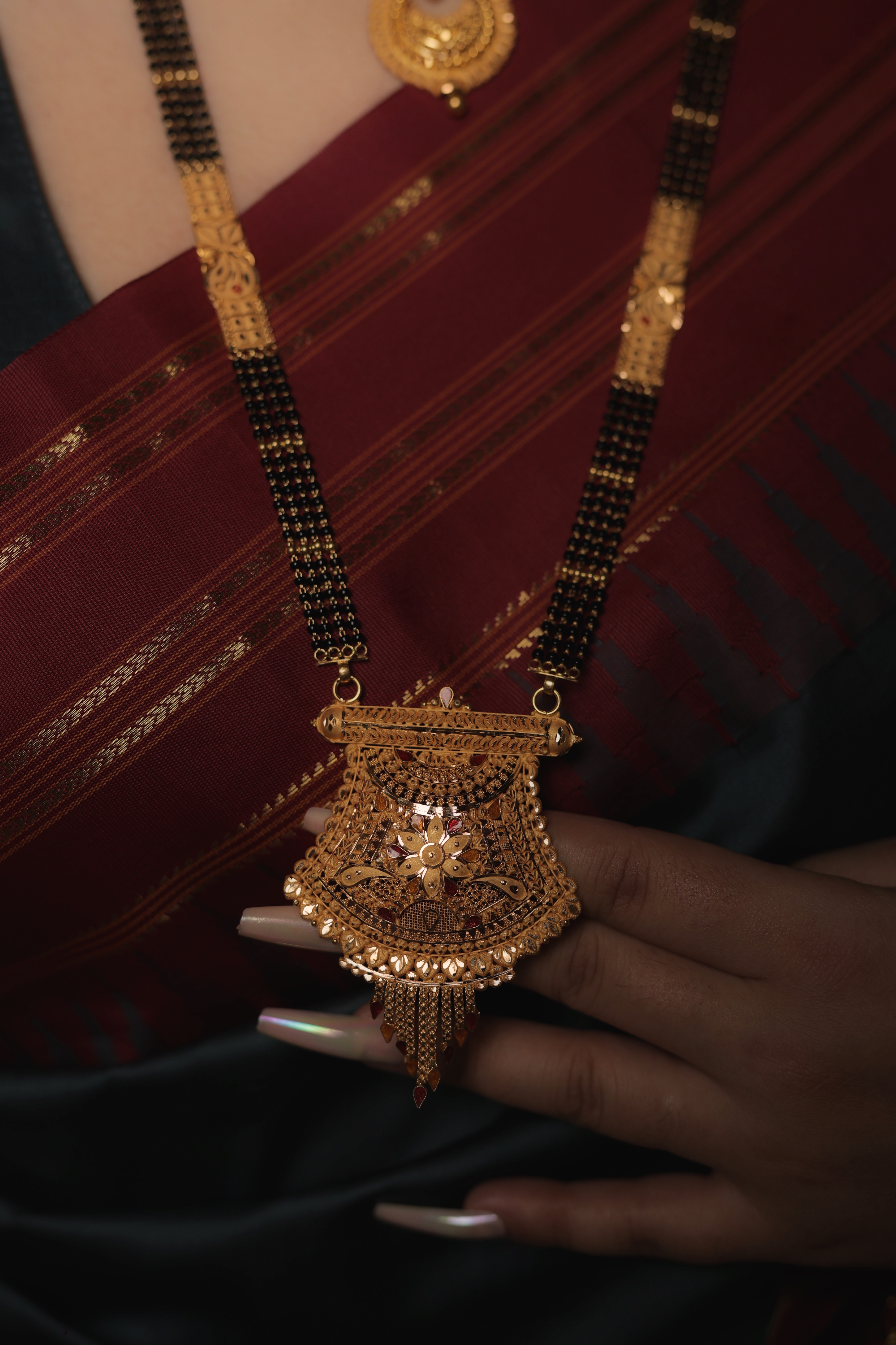 Grand Filigree Long Mangalsutra with Floral Medallion and Mesh Tassel