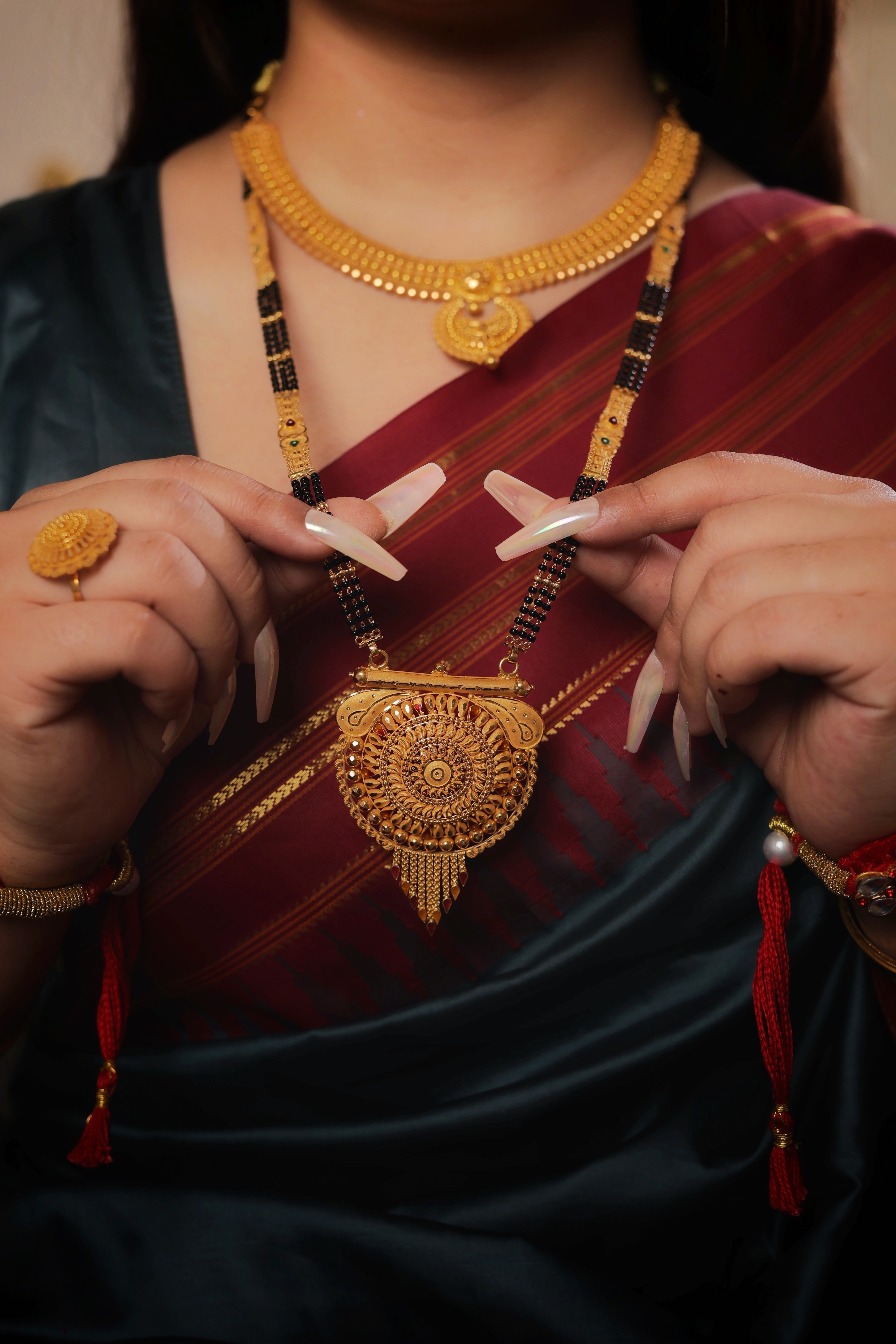 Grand Circular Mandala Long Mangalsutra with Ornate Filigree and Mesh Tassel