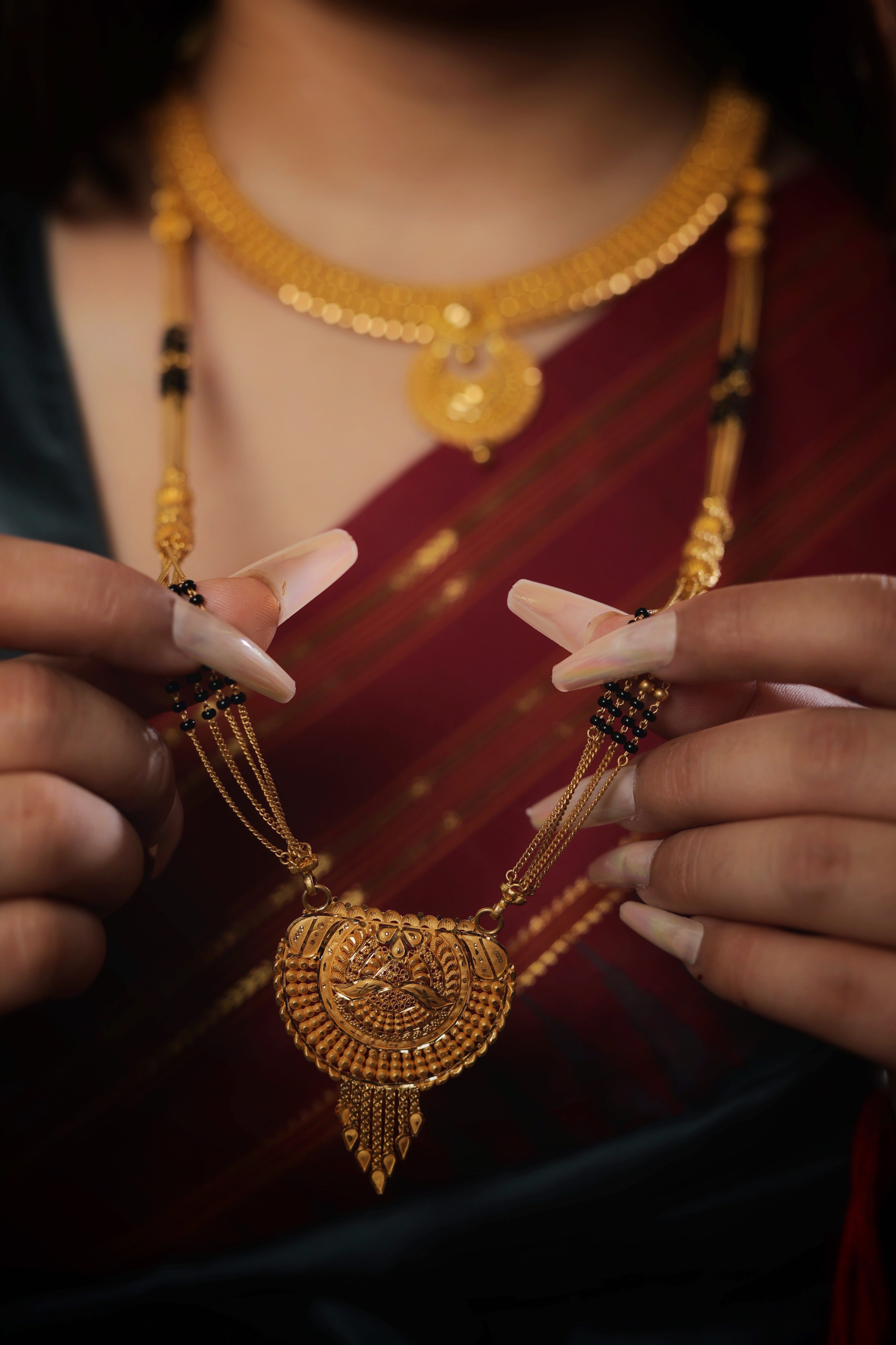 Artisanal Crescent Medallion Long Mangalsutra with Sunburst Filigree and Tiered Droplets