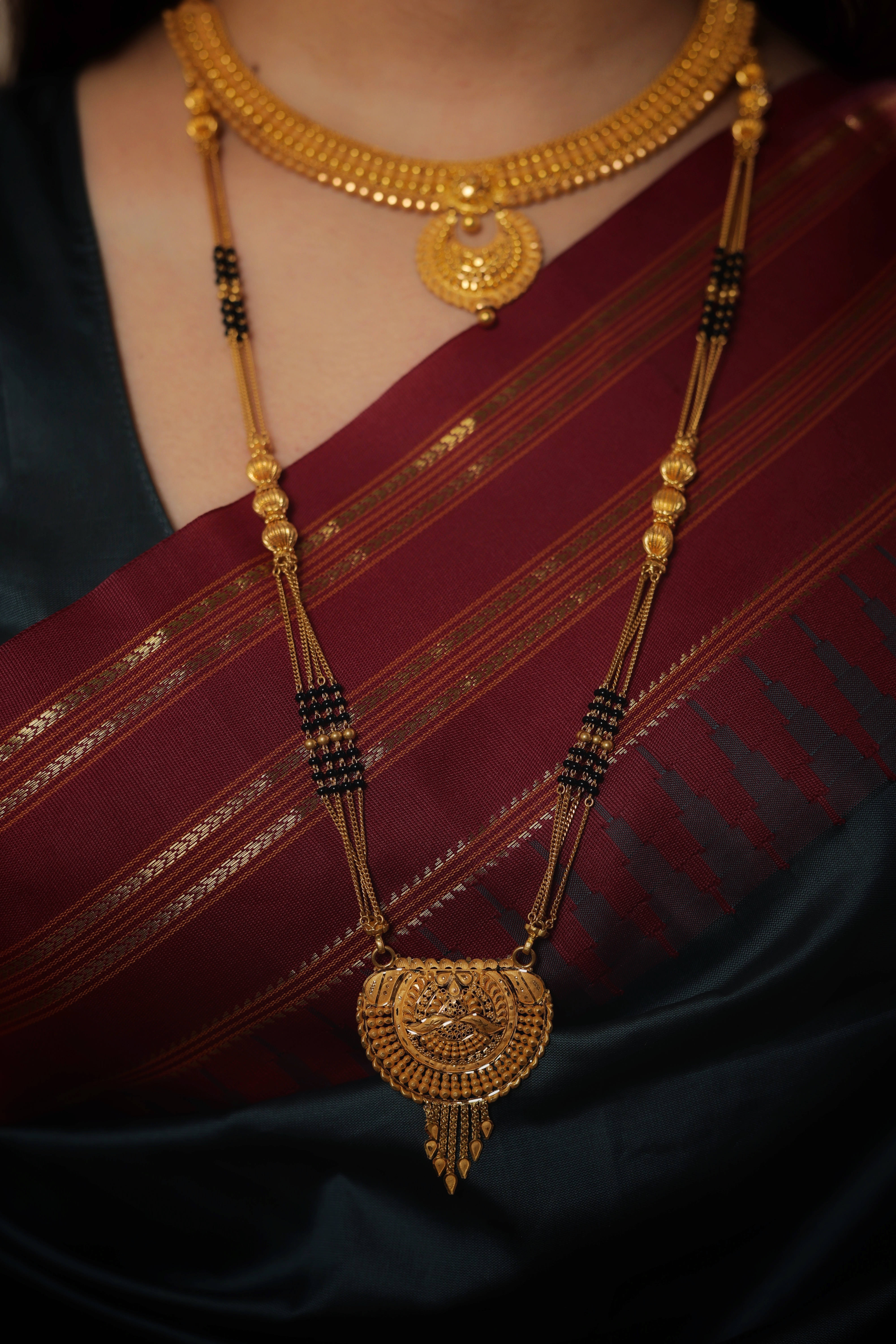 Artisanal Crescent Medallion Long Mangalsutra with Sunburst Filigree and Tiered Droplets
