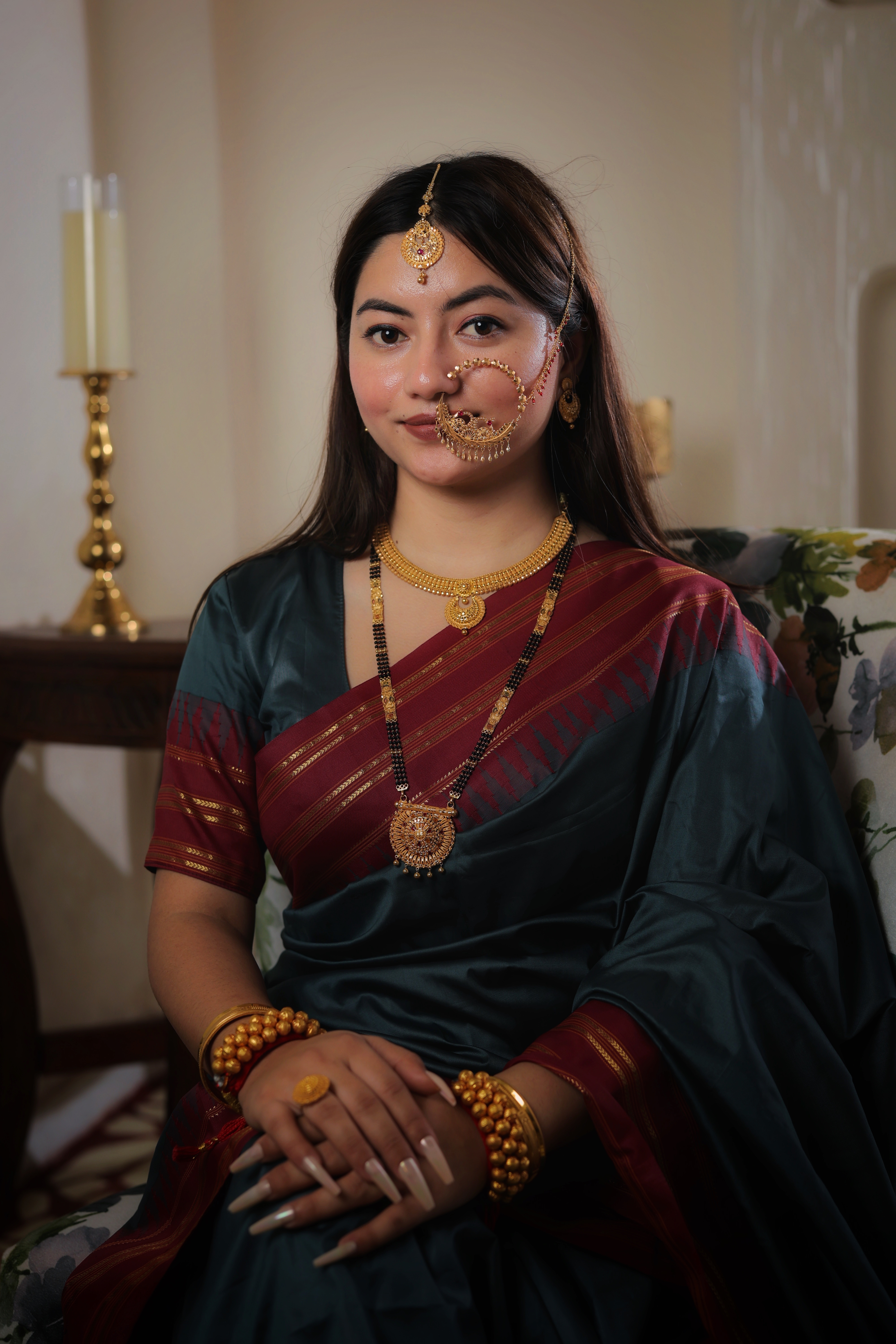 Ornate Circular Filigree Long Mangalsutra with Sunburst Pendant and Golden Droplets