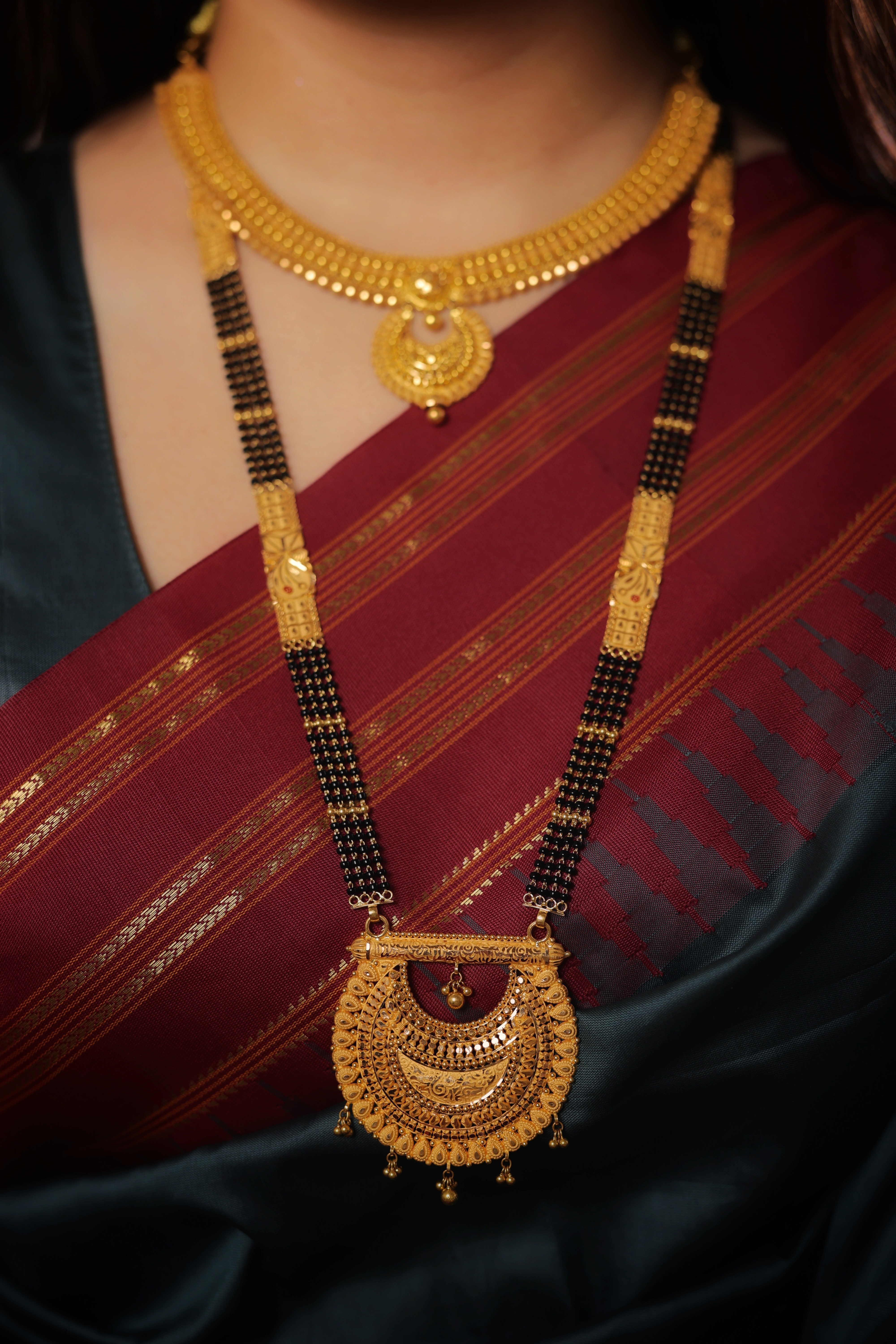 Grand Chandbali Traditional Long Mangalsutra with Tiered Filigree and Golden Bead Accents