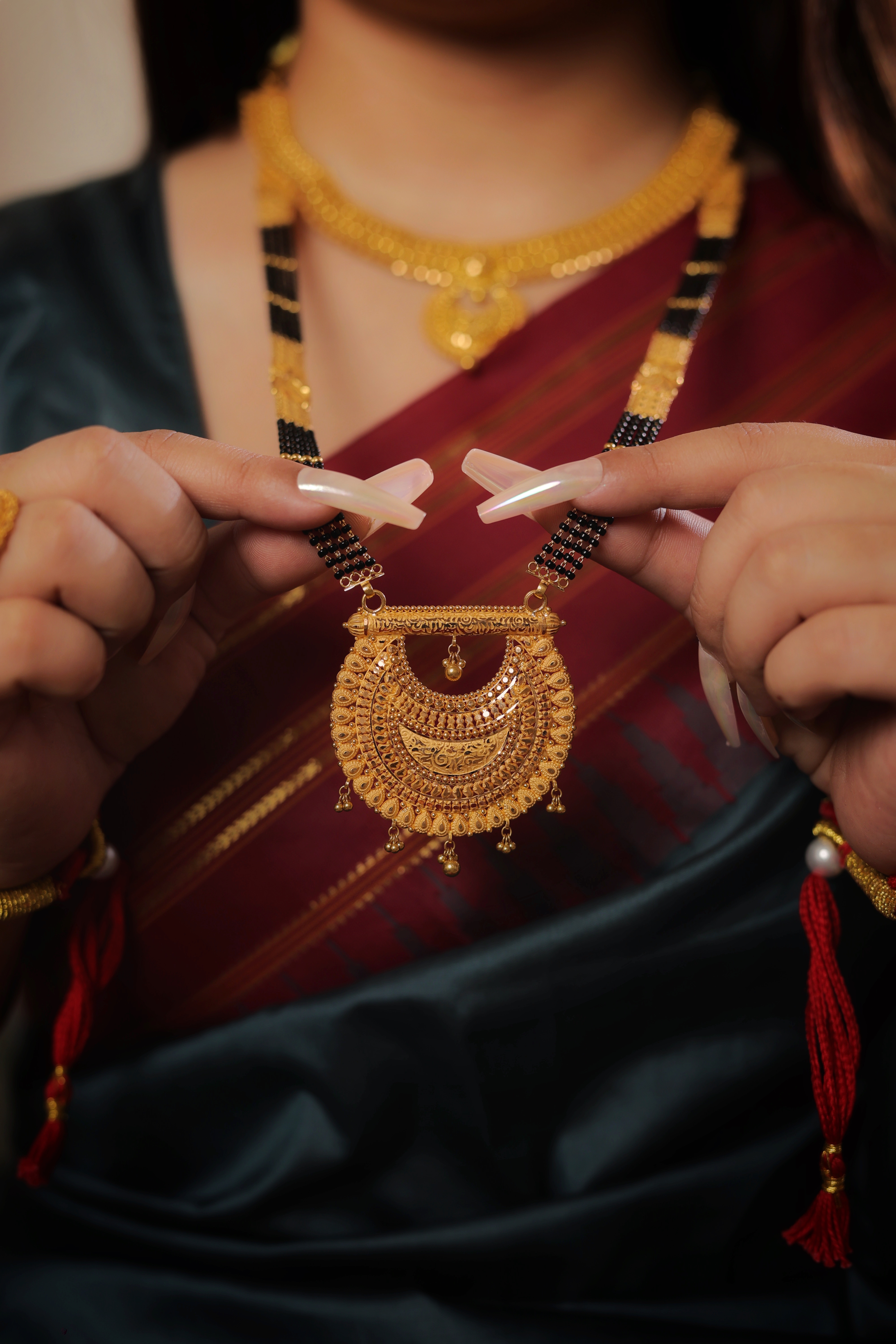 Grand Chandbali Traditional Long Mangalsutra with Tiered Filigree and Golden Bead Accents