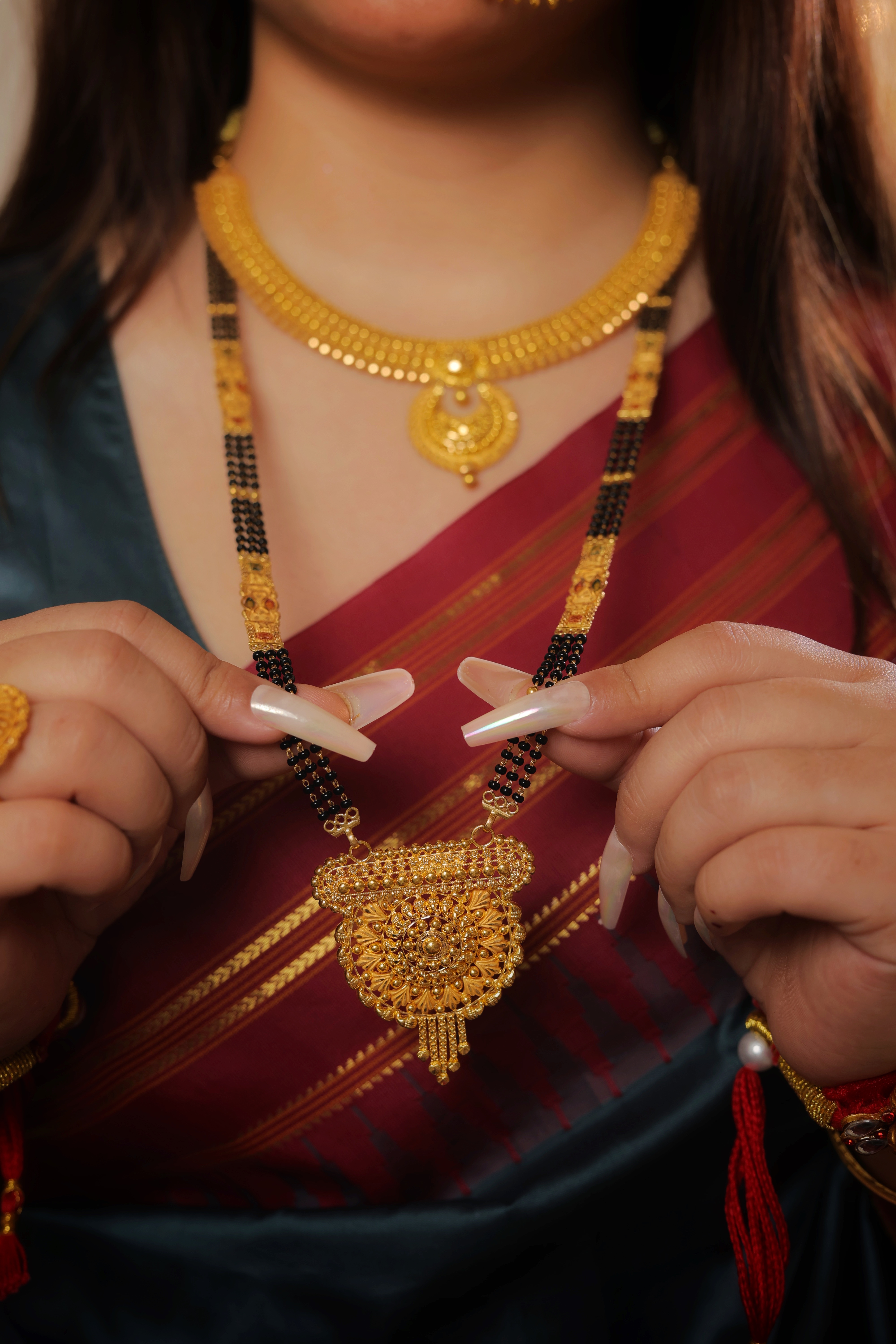 Heritage Mandala Long Mangalsutra with Fine Mesh Filigree and Textured Tassel