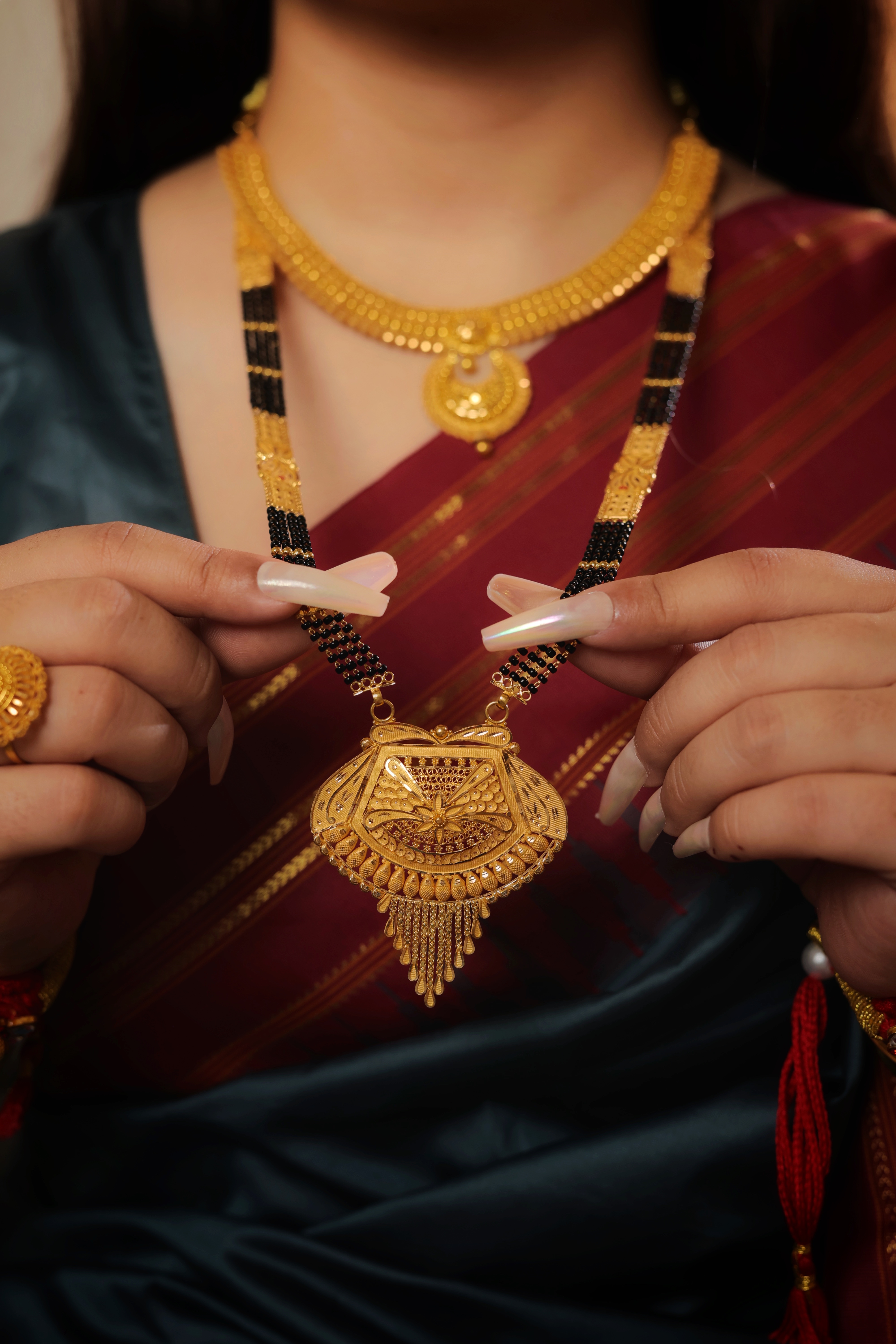 Grand Architectural Long Mangalsutra with Tiered Radiant Pendant and Filigree Mesh